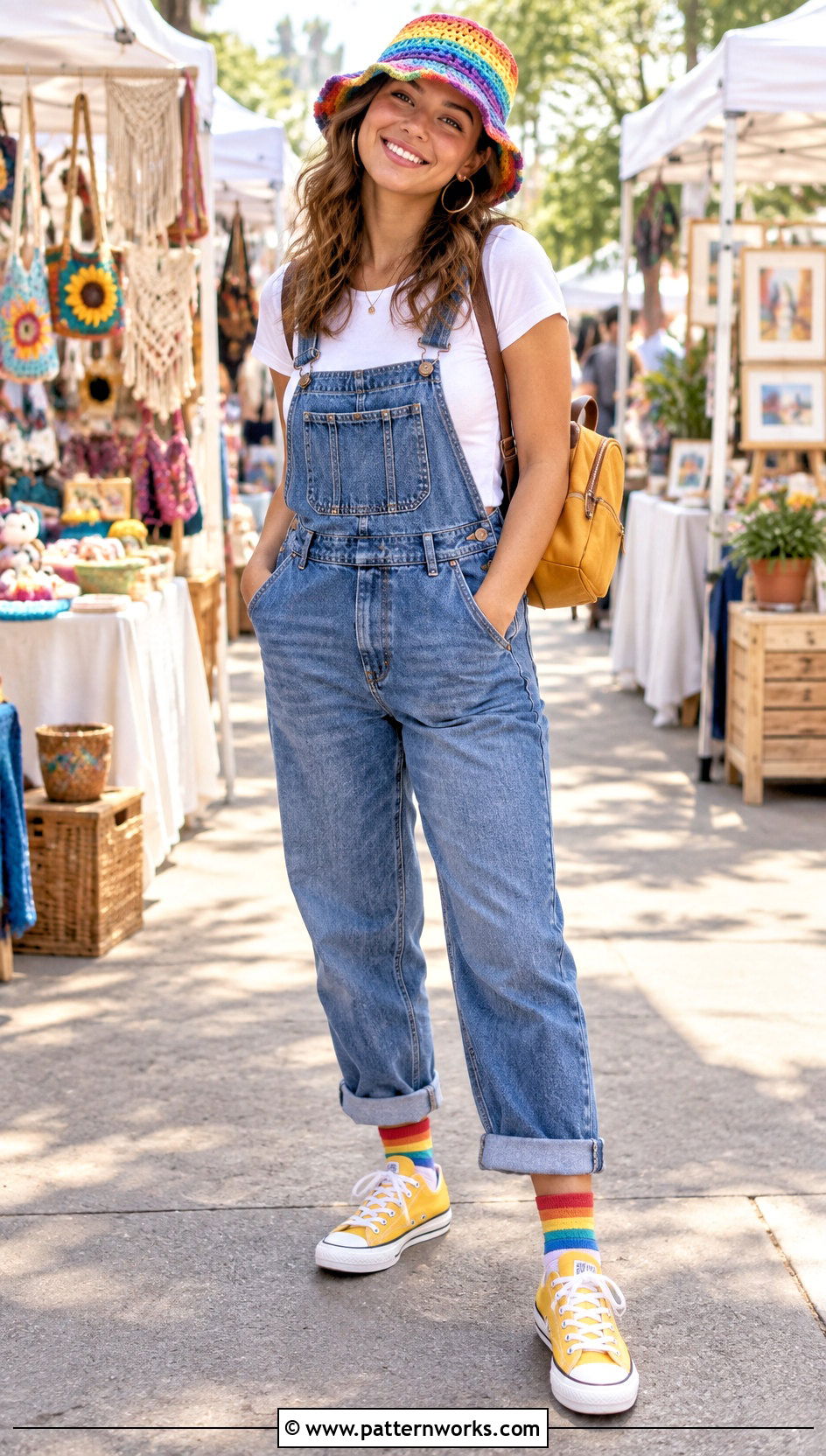 Rainbow Crochet Bucket Hat With Denim Overalls - 24 Easy Crochet Bucket Hats outfit ideas