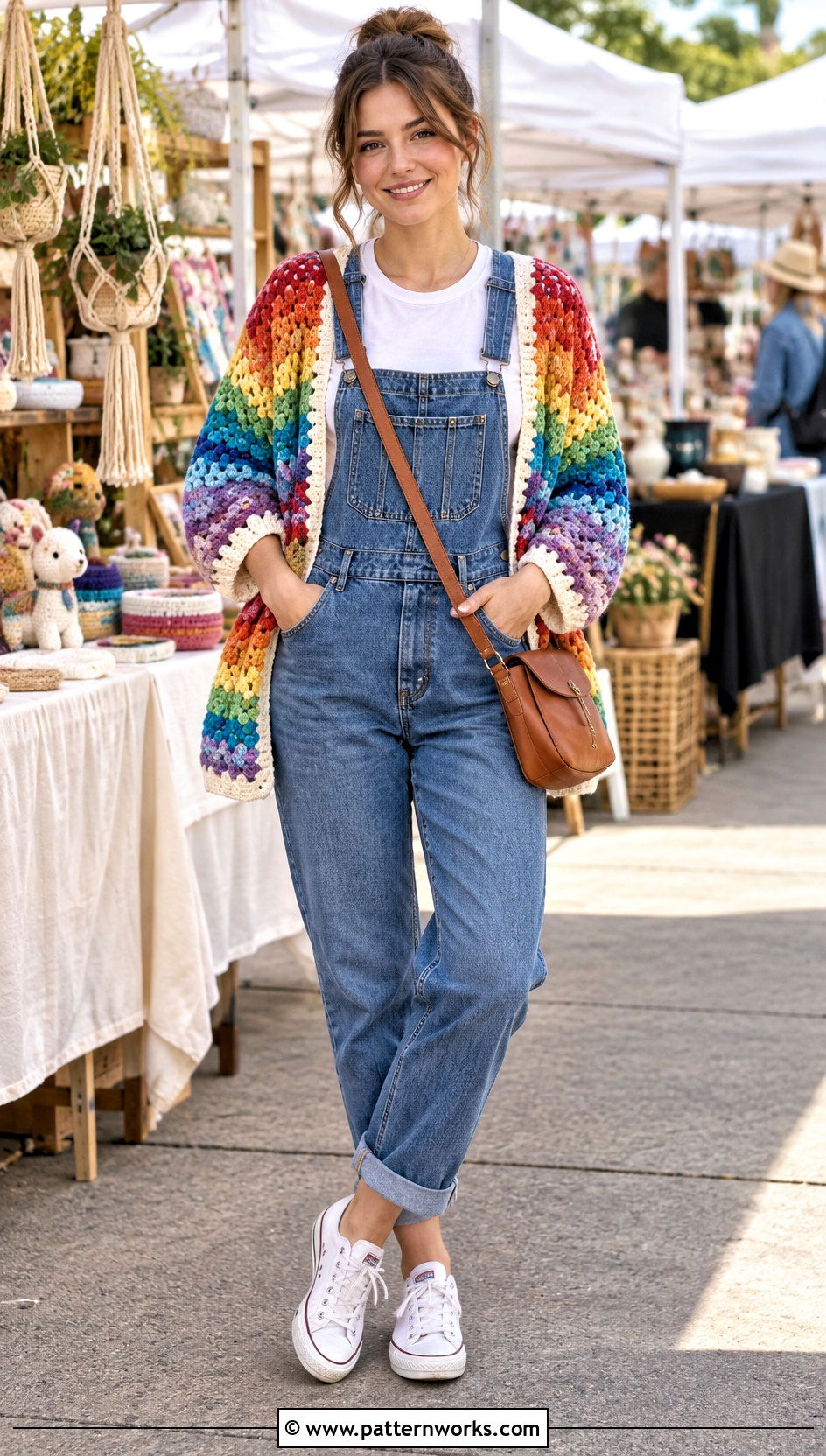 Rainbow Crochet Cardigan With Denim Overalls - 30 colorful crochet sweater outfit ideas