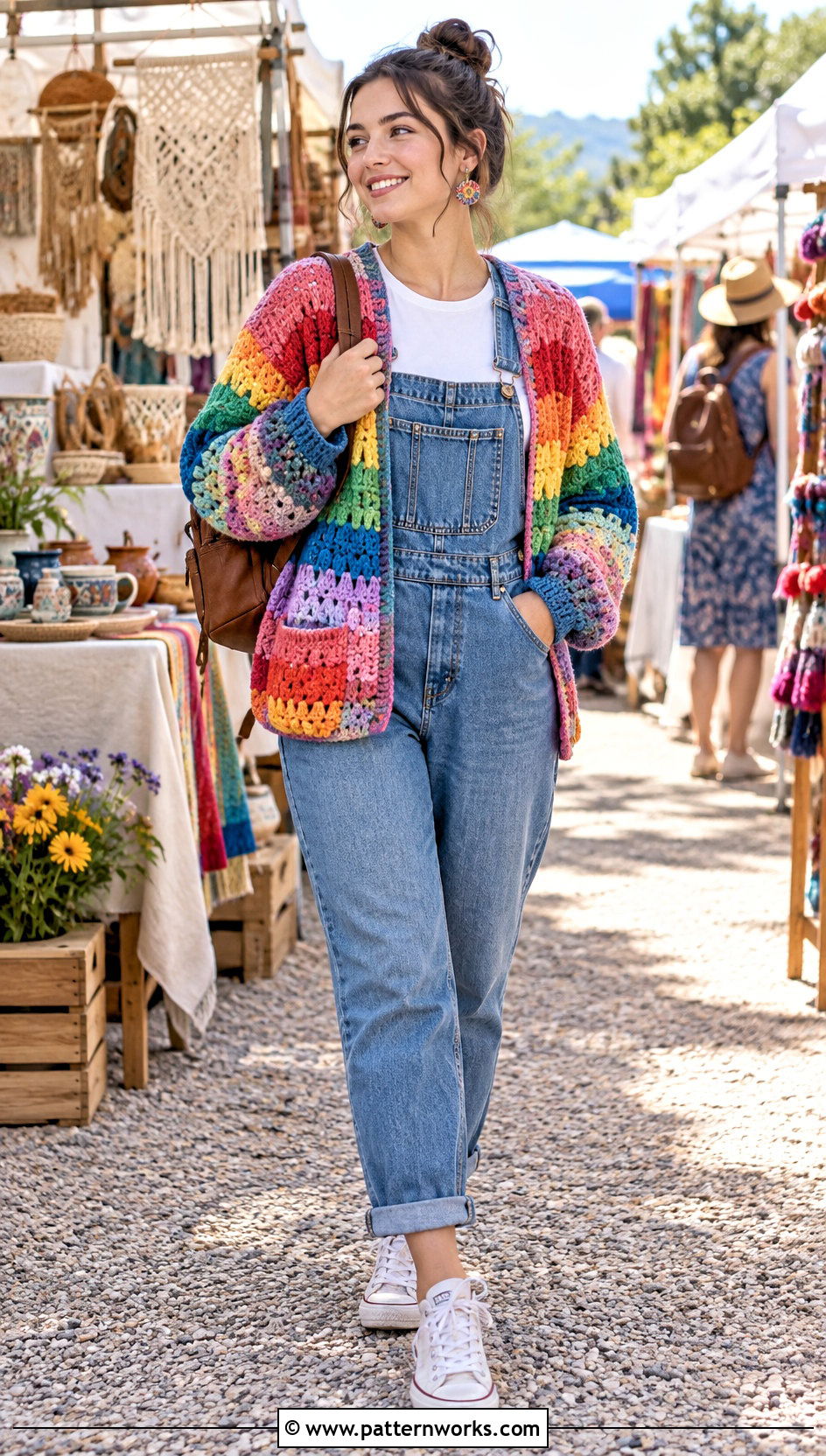 Rainbow Crochet Cardigan With Denim Overalls - 24 cute crochet cardigans outfit ideas