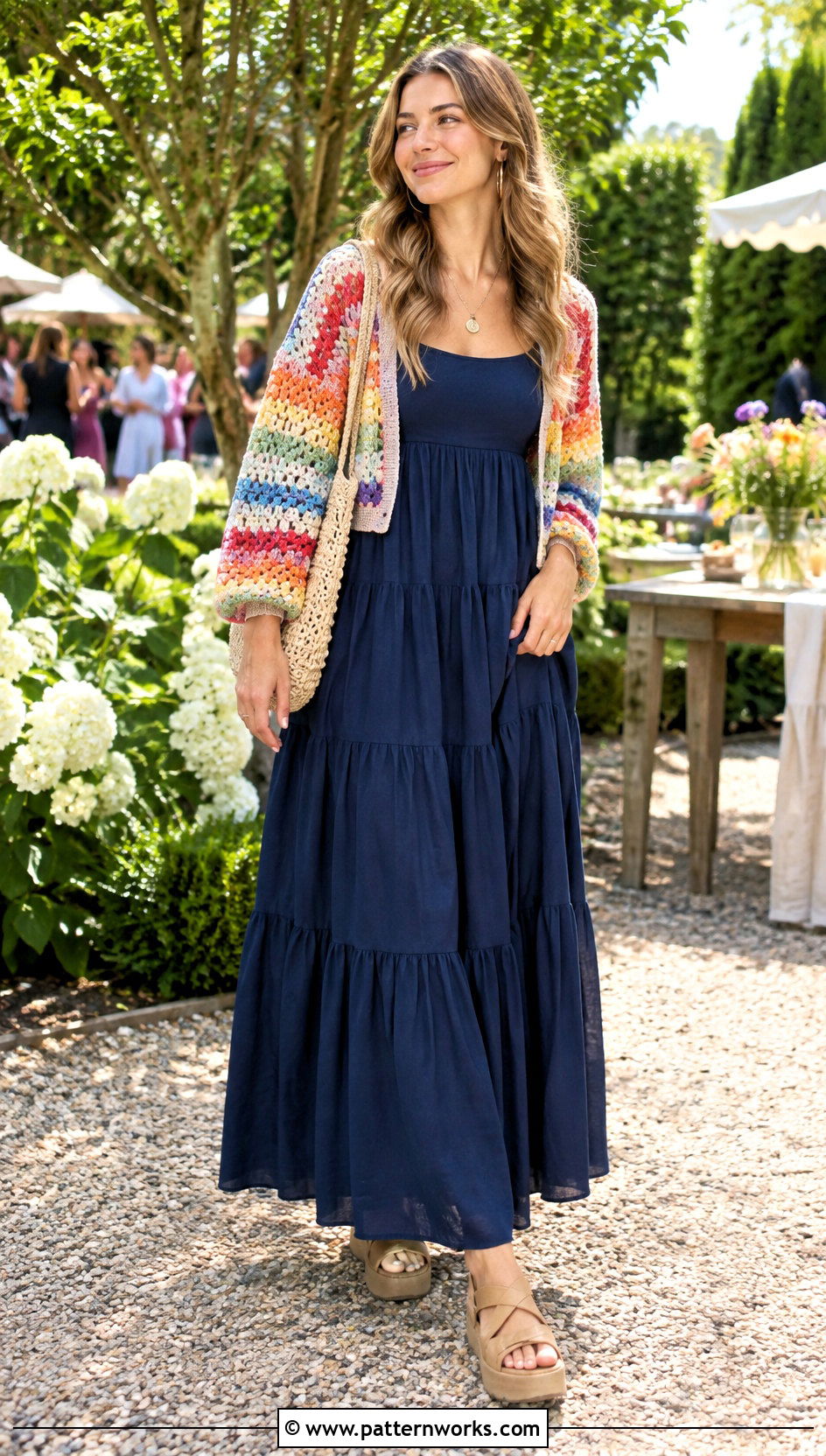 Rainbow Crochet Cardigan With Tiered Maxi Dress - 24 Rainbow Crochet Cardigan outfit ideas