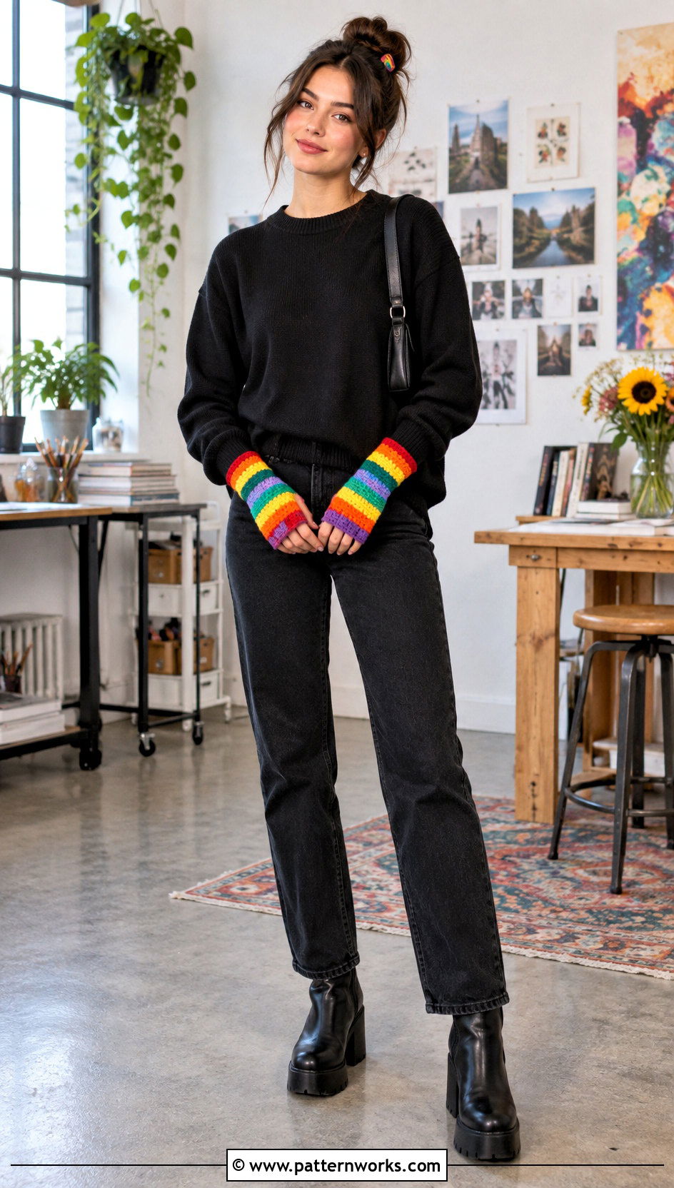 Rainbow Crochet Gloves With Black Outfit - 30 crochet gloves outfit ideas