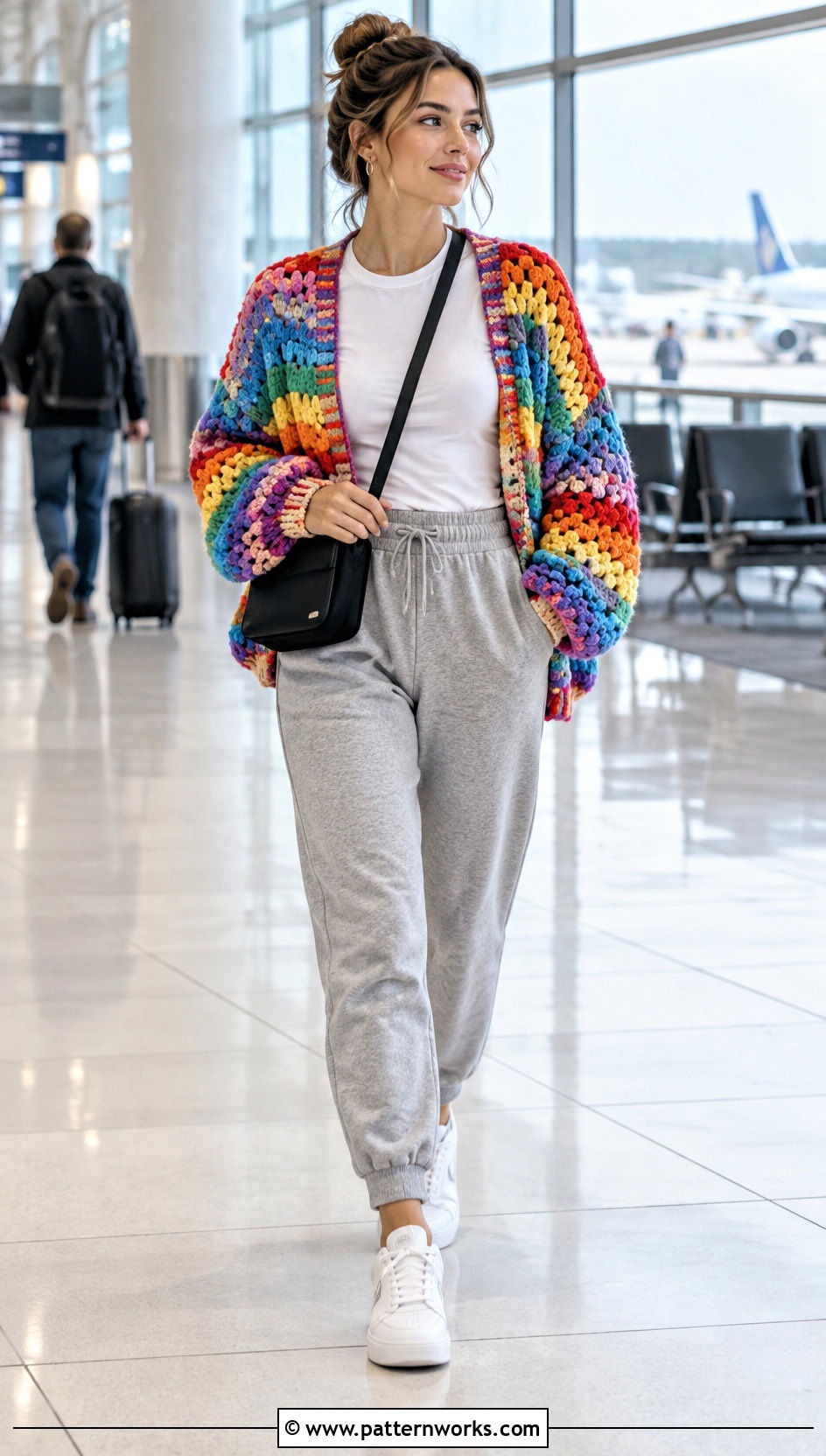Rainbow Crochet Jacket With Gray Sweatpants - 30 easy crochet jacket outfit ideas