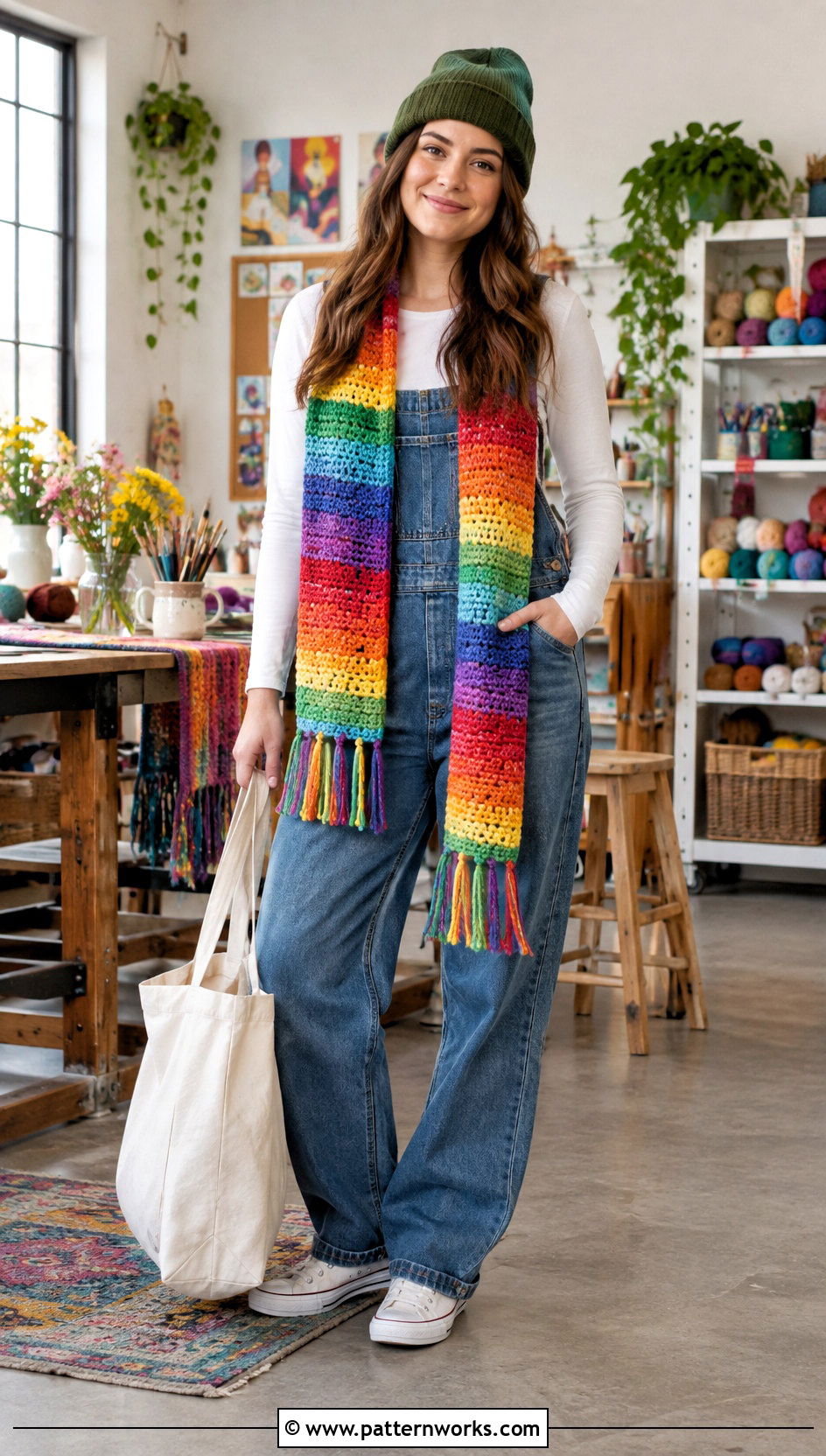 Rainbow Crochet Scarf With Denim Overalls And Sneakers - 24 Quick And Easy Crochet Scarf outfit ideas