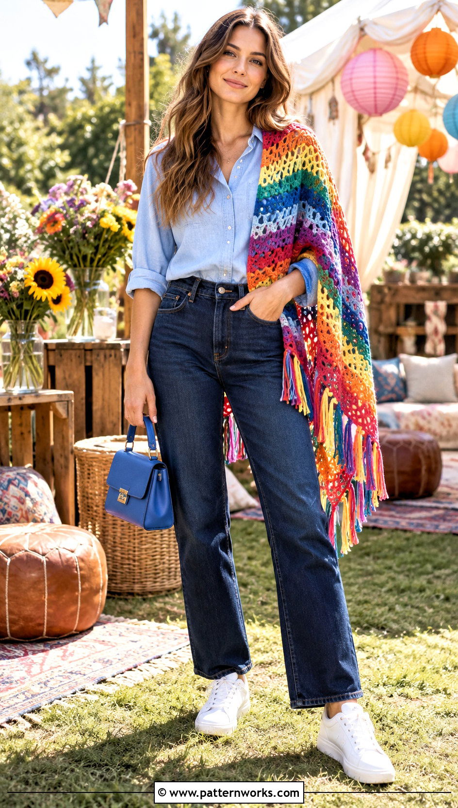 Rainbow Crochet Shawl With Denim Outfit - 18 Crochet For Shawls And Wraps outfit ideas