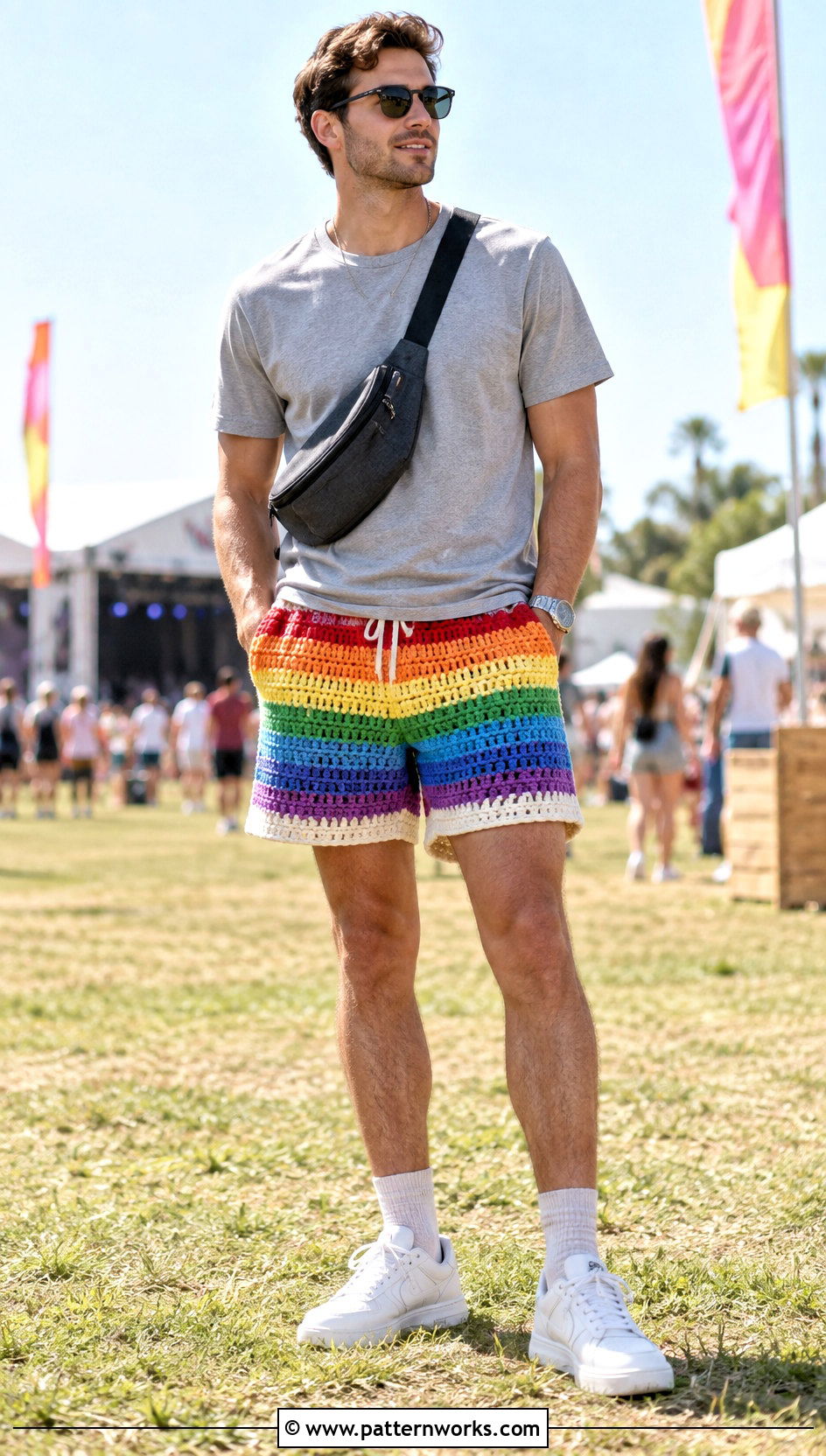 Rainbow Crochet Shorts With Gray T Shirt - 30 Crochet Mens Shorts outfit ideas