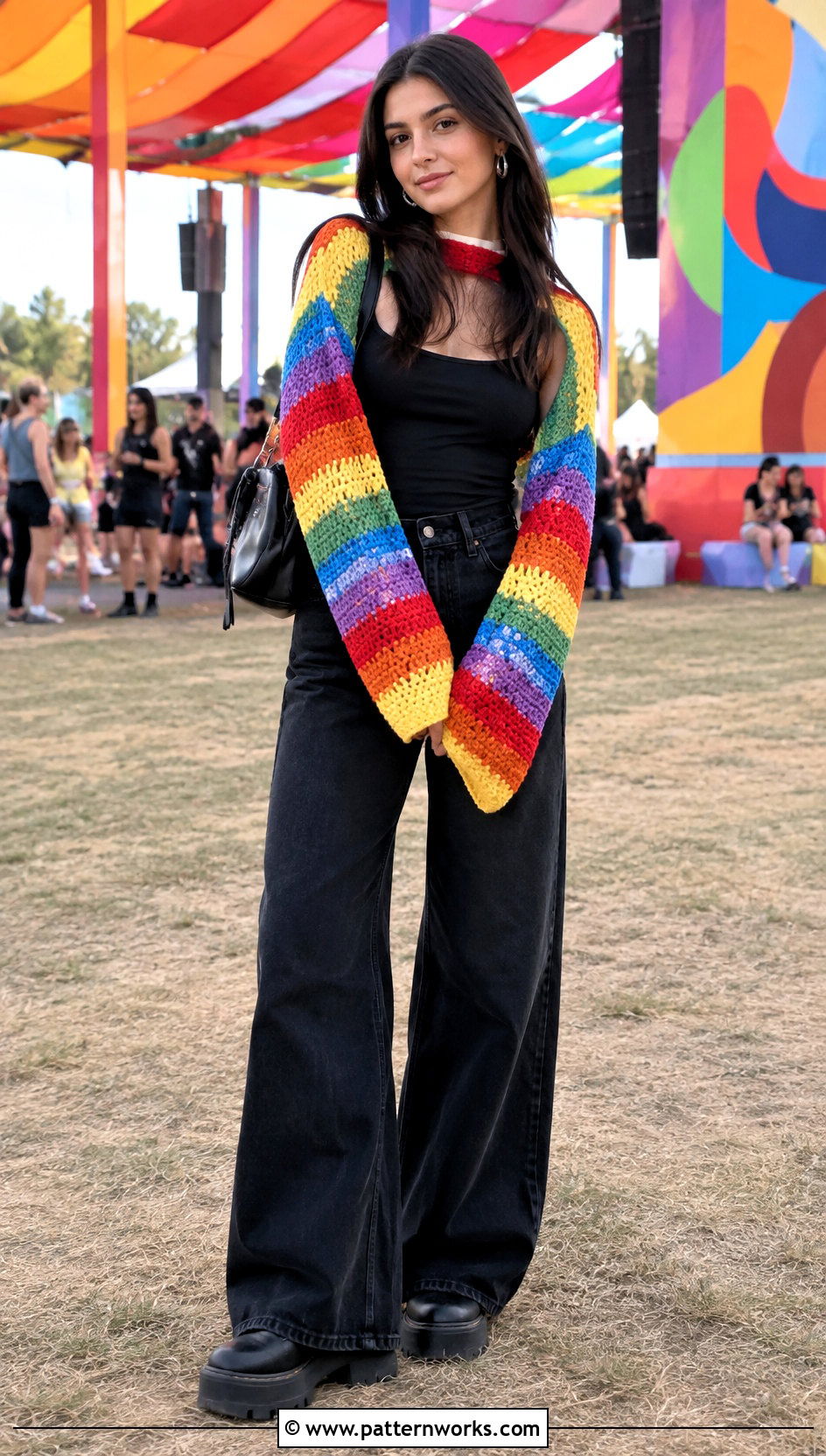 Rainbow Crochet Sleeve Scarf With All Black Outfit - 30 crochet sleeve scarf outfit ideas