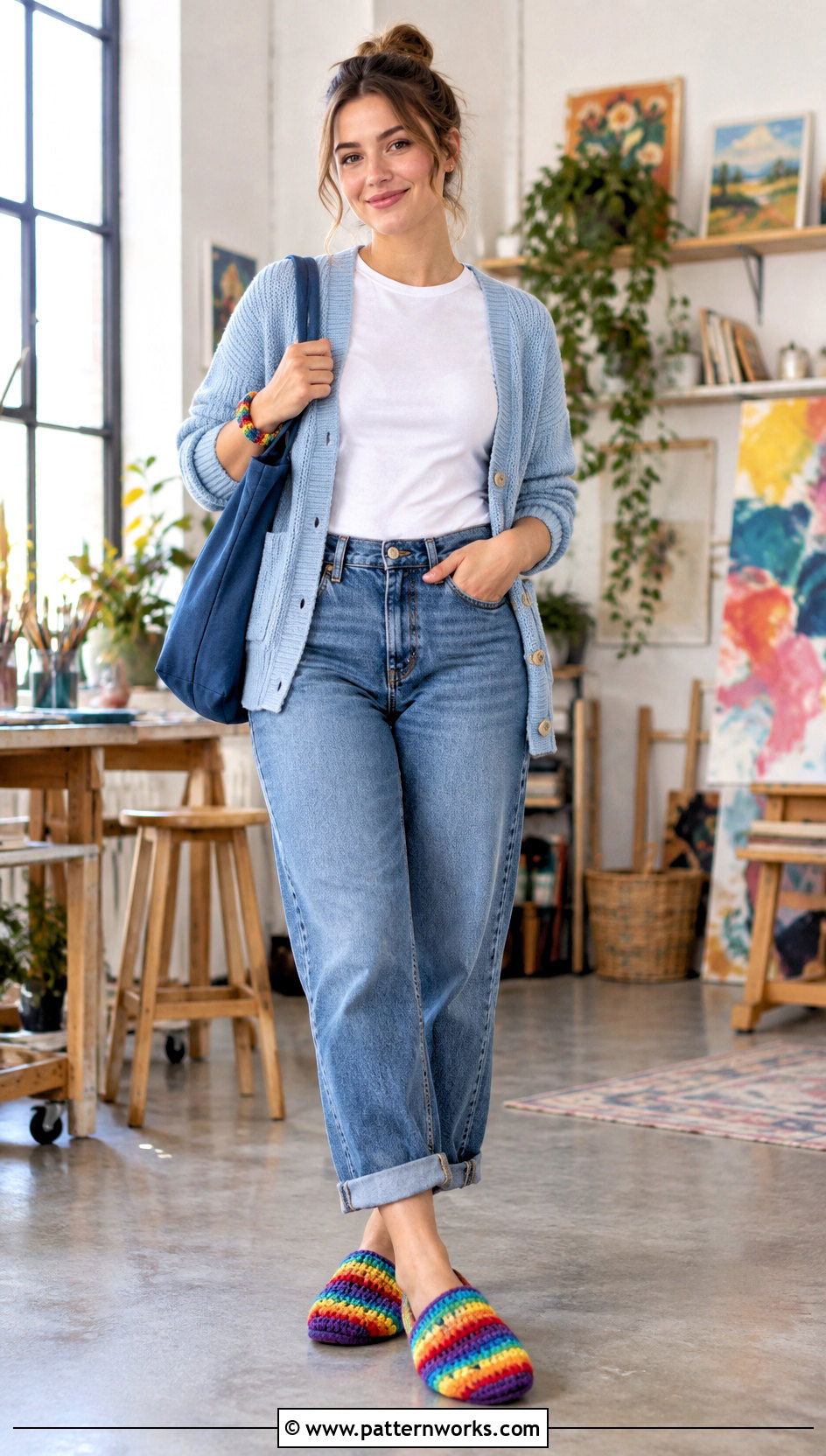 Rainbow Crochet Slippers With White Tee And Jeans - 24 Cute Crochet Slippers outfit ideas