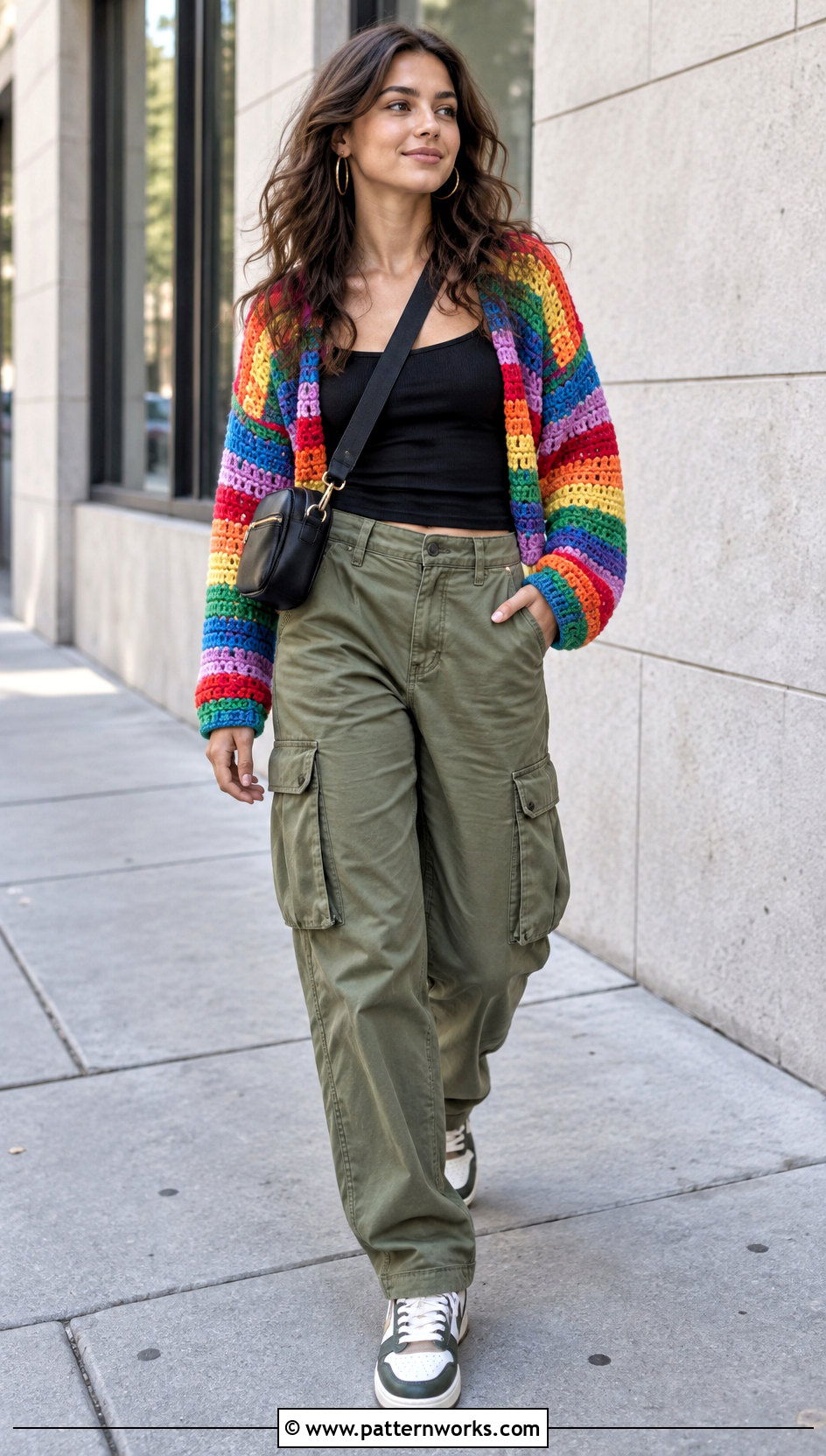 Rainbow Crocheted Striped Sweater With Cargo Pants - 18 Crocheted Striped Sweater outfit ideas