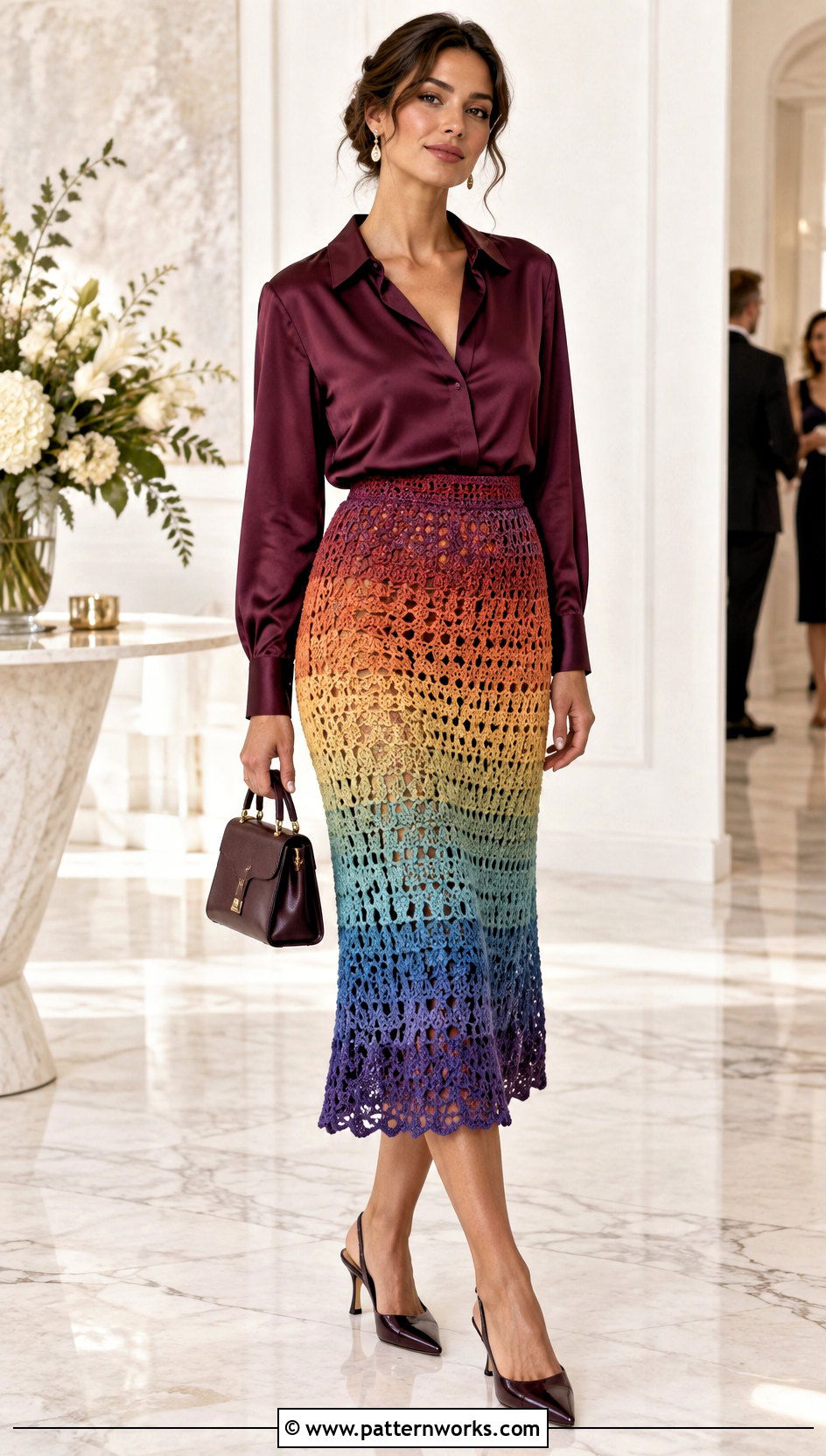 Rainbow Ombre Crochet Skirt With Satin Blouse - 24 Rainbow Crochet Skirt outfit ideas