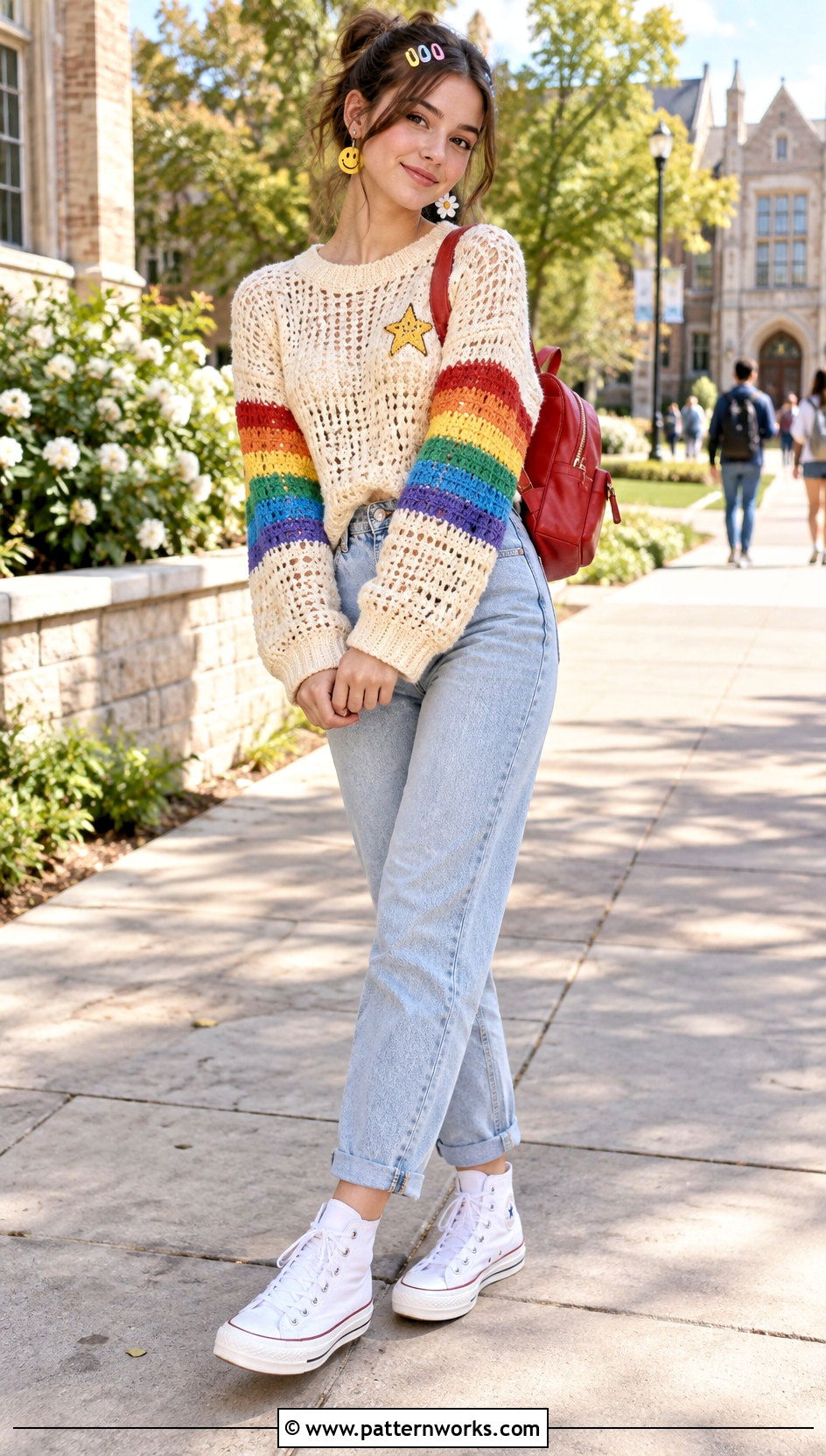 Rainbow Sleeve Crochet Mabel Pines Sweater With Mom Jeans - 30 crochet mabel pines sweater outfit ideas