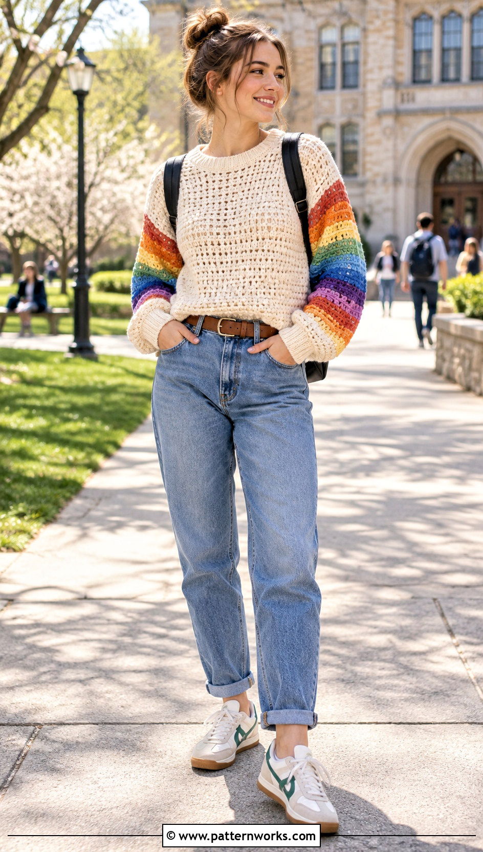 Rainbow Sleeve Crochet Sweater With Mom Jeans - 30 colorful crochet sweater outfit ideas