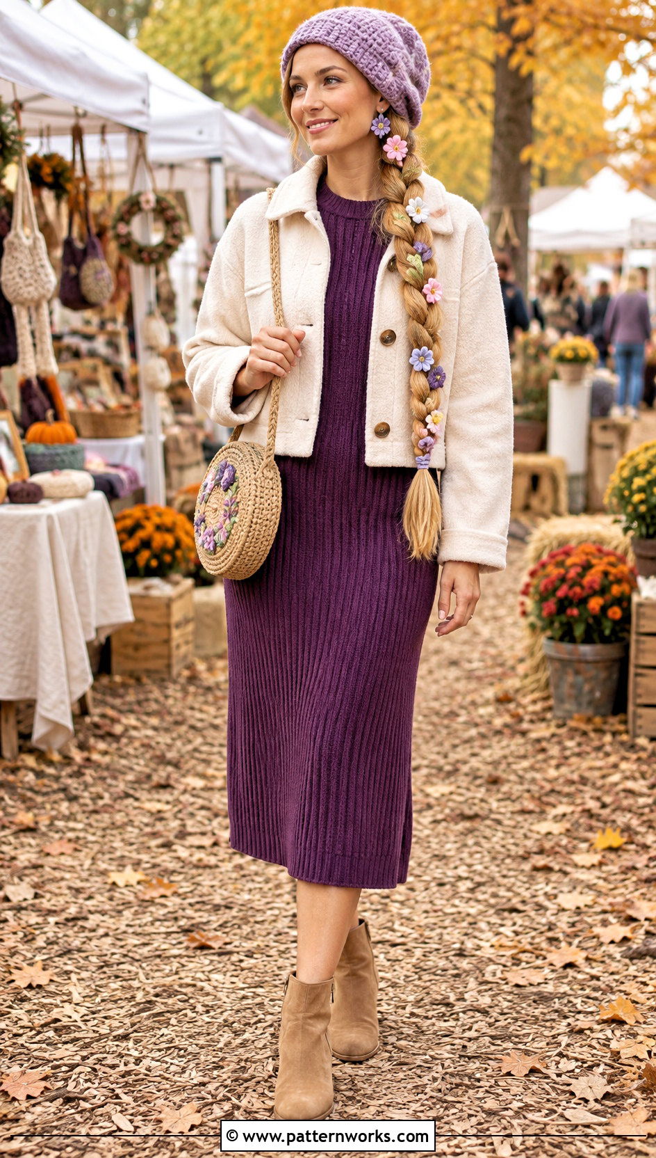 Rapunzel Crochet Beanie With Purple Knit Dress - 24 Crochet Disney Beanie outfit ideas