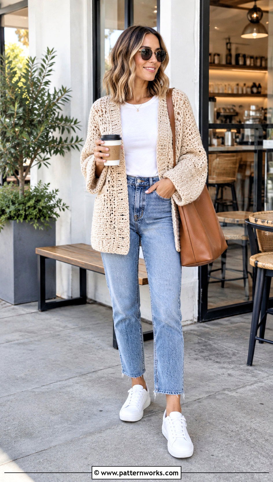 Rectangle Crochet Cardigan With T Shirt and Jeans - 24 beginner crochet clothing and outfit ideas