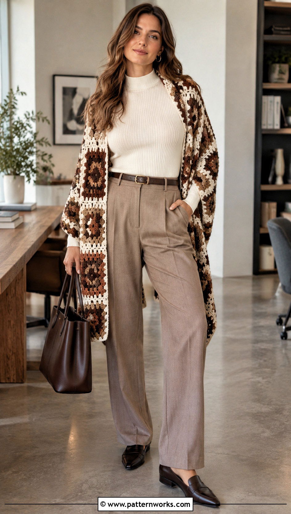 Rectangular Crochet Blanket Shawl With Tailored Trousers - 30 crochet blanket shawl outfit ideas