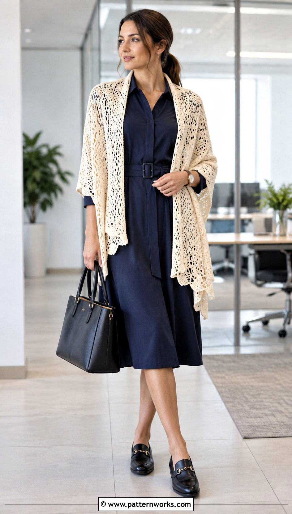 Rectangular Lacey Crochet Shawl With Work Dress - 24 Lacey Crochet Shawls outfit ideas
