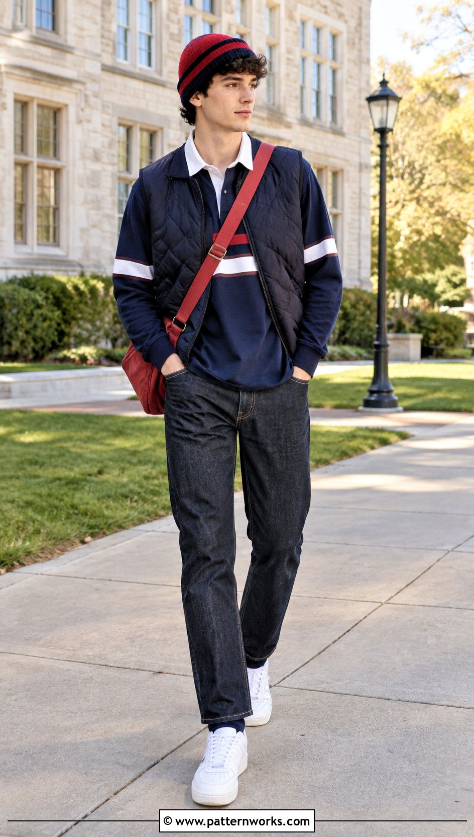 Red And Navy Crochet Striped Beanie With Rugby Shirt - 18 Crochet Striped Beanies outfit ideas