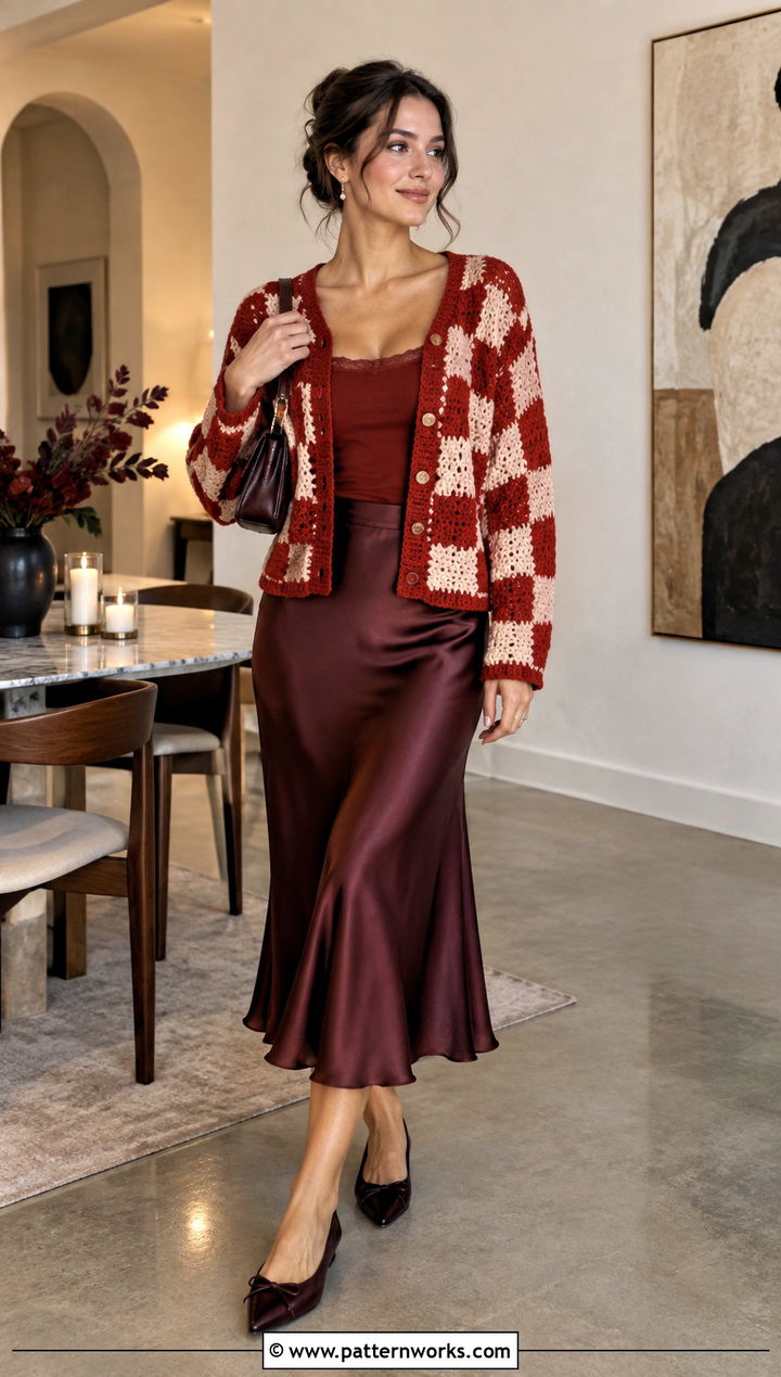 Red Checkered Crochet Cardigan With Satin Midi Skirt - 24 Checkered Crochet Cardigan outfit ideas