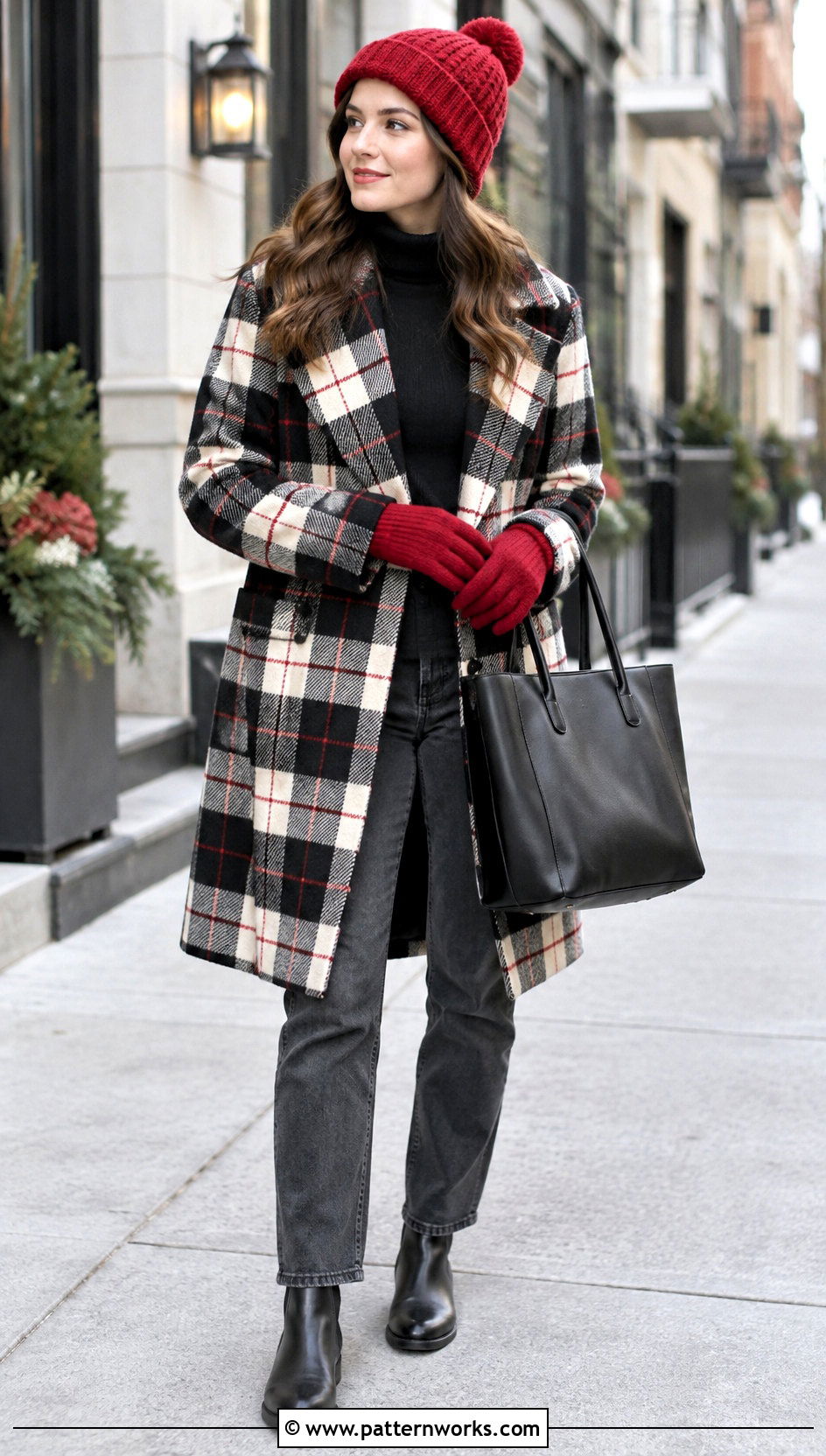 Red Crochet Cable Beanie Outfit With Plaid Coat - 24 crochet cable beanie outfit ideas