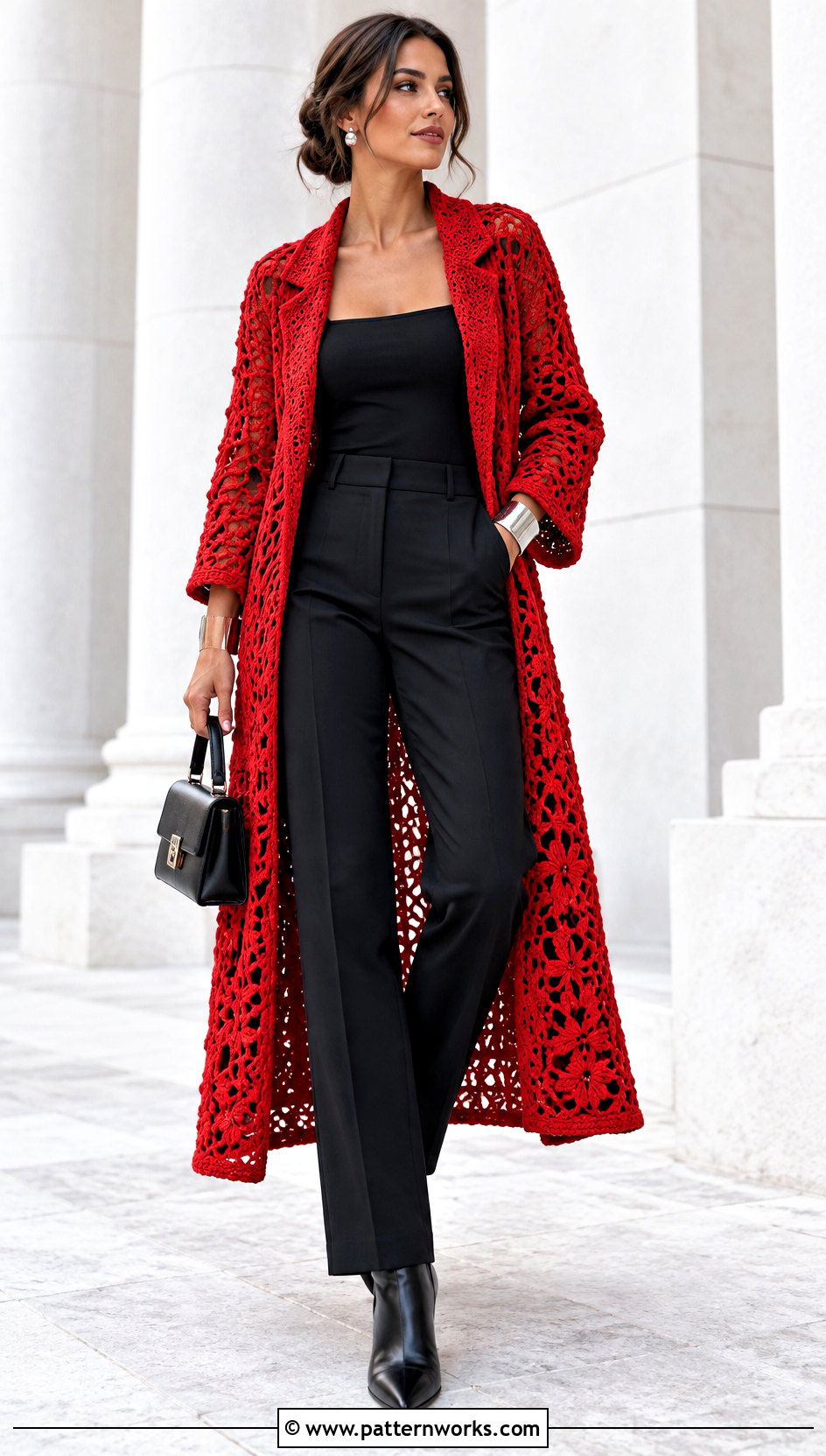 Red Crochet Coat With All Black Outfit - 30 crochet coat outfit ideas