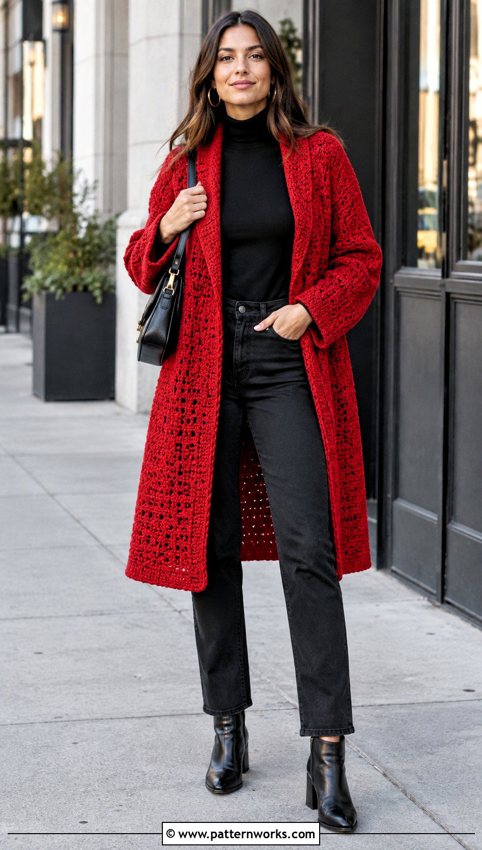 Red Crochet Coat With Black Jeans - 24 women crochet coat outfit ideas