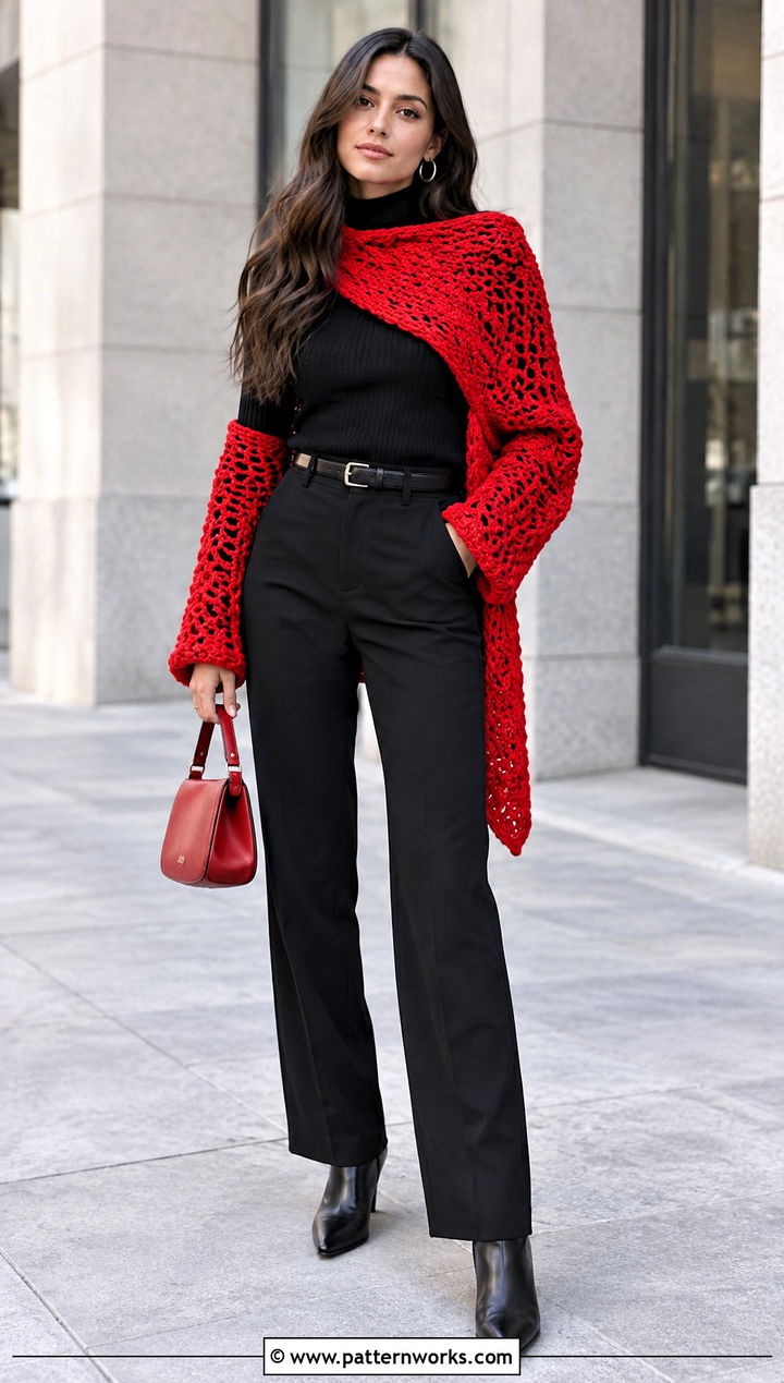 Red Crochet Double Sleeve Scarf With Monochrome Outfit - 24 crochet double sleeve scarf outfit ideas