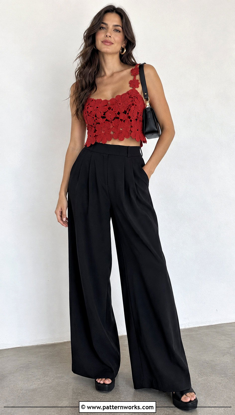 Red Crochet Flower Top With Black Pants - 30 crochet top with flowers outfit ideas