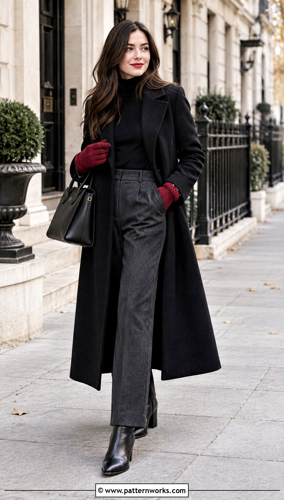 Red Crochet Gloves With Black Wool Coat - 30 crochet gloves outfit ideas