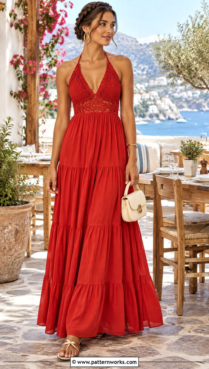 Red Crochet Halter Cotton Dress With Metallic Sandals - 18 Crochet Fabric Dress outfit ideas