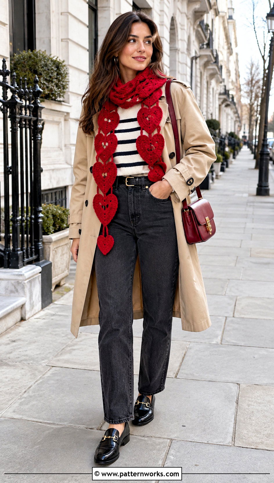 Red Crochet Heart Scarf With Trench Coat - 24 crochet heart scarf outfit ideas