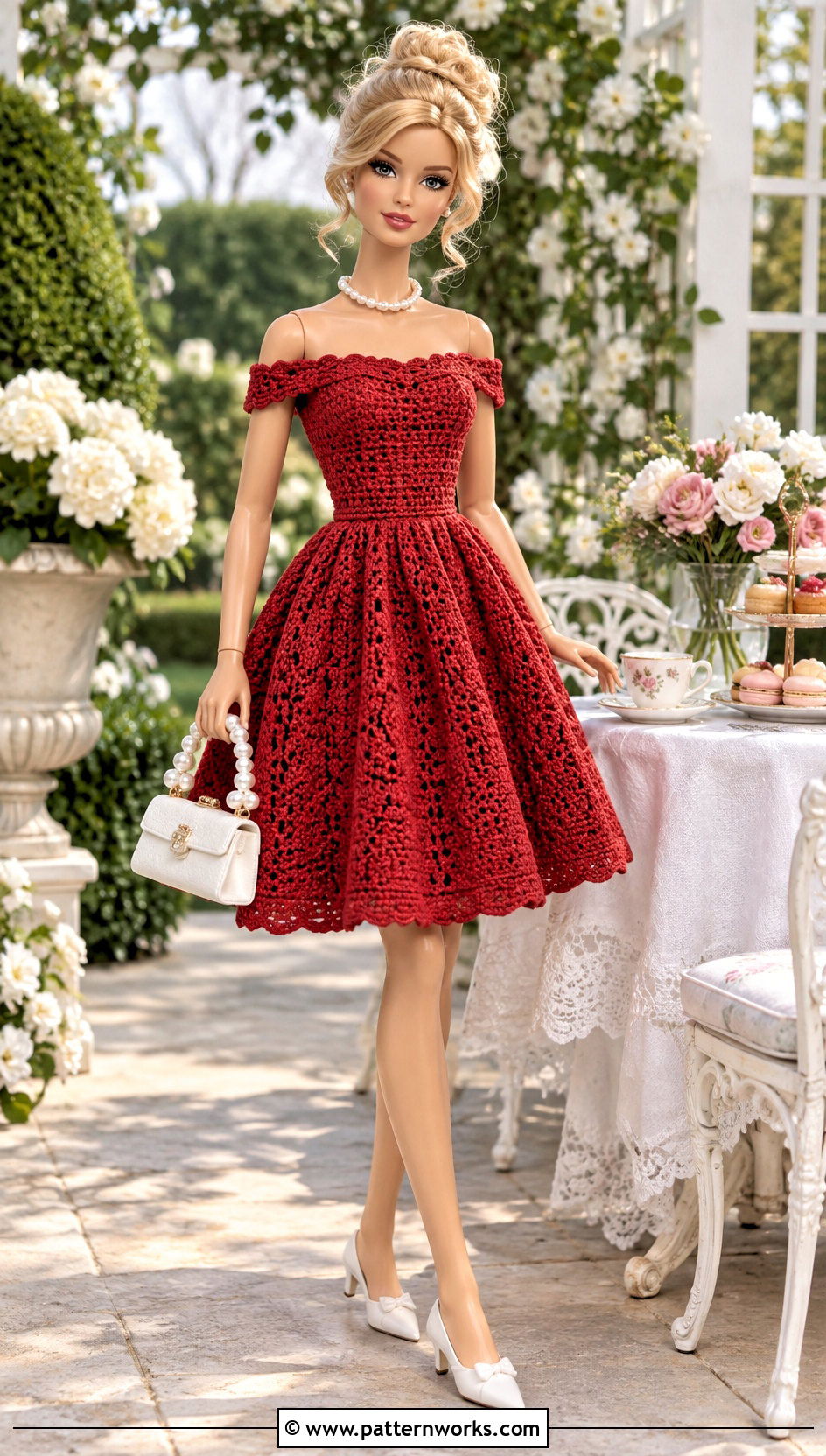 Red Crochet Off Shoulder Dress With Pearl Accessories - 18 crochet barbie dress red set outfit ideas