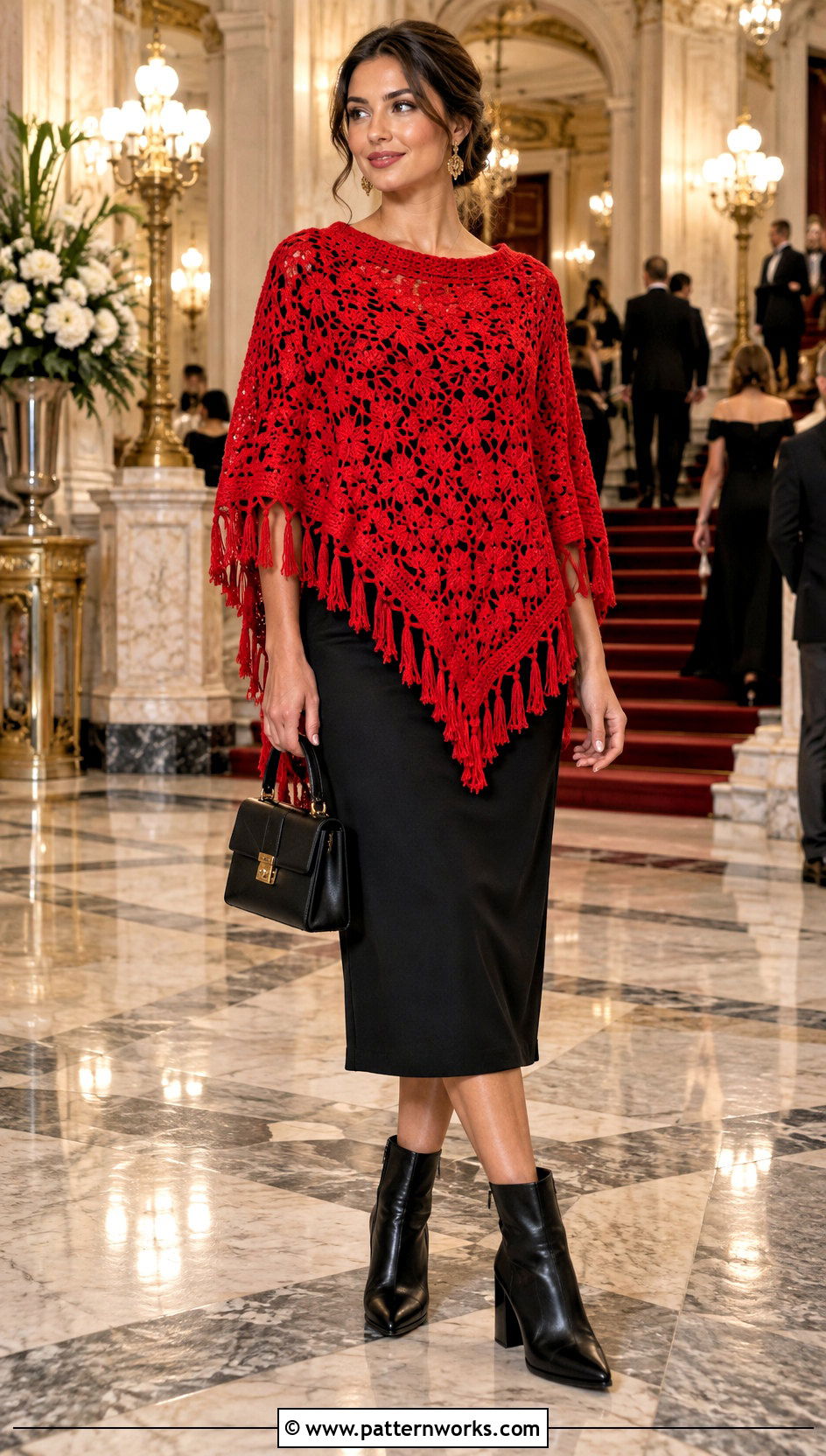 Red Crochet Poncho With Black Midi Dress - 30 crochet poncho woman outfit ideas