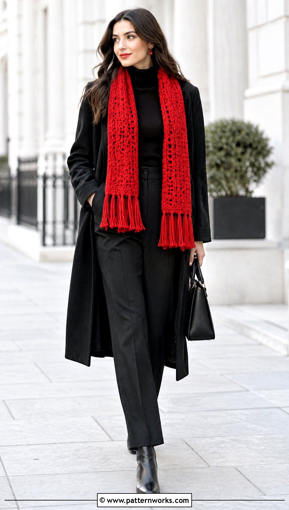 Red Crochet Scarf Outfit With Black Monochrome Layers - 24 Beautiful Crochet Scarf outfit ideas