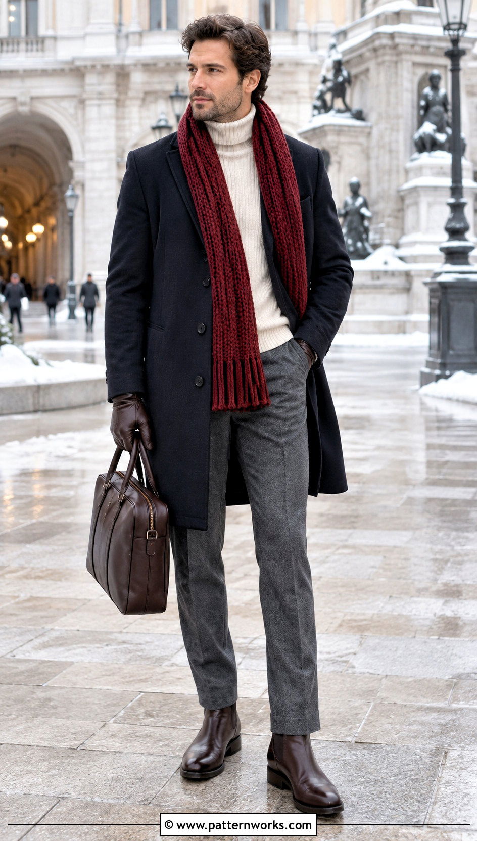 Red Crochet Scarf Outfit With Navy Topcoat - 18 Mens Winter Crochet Scarf outfit ideas