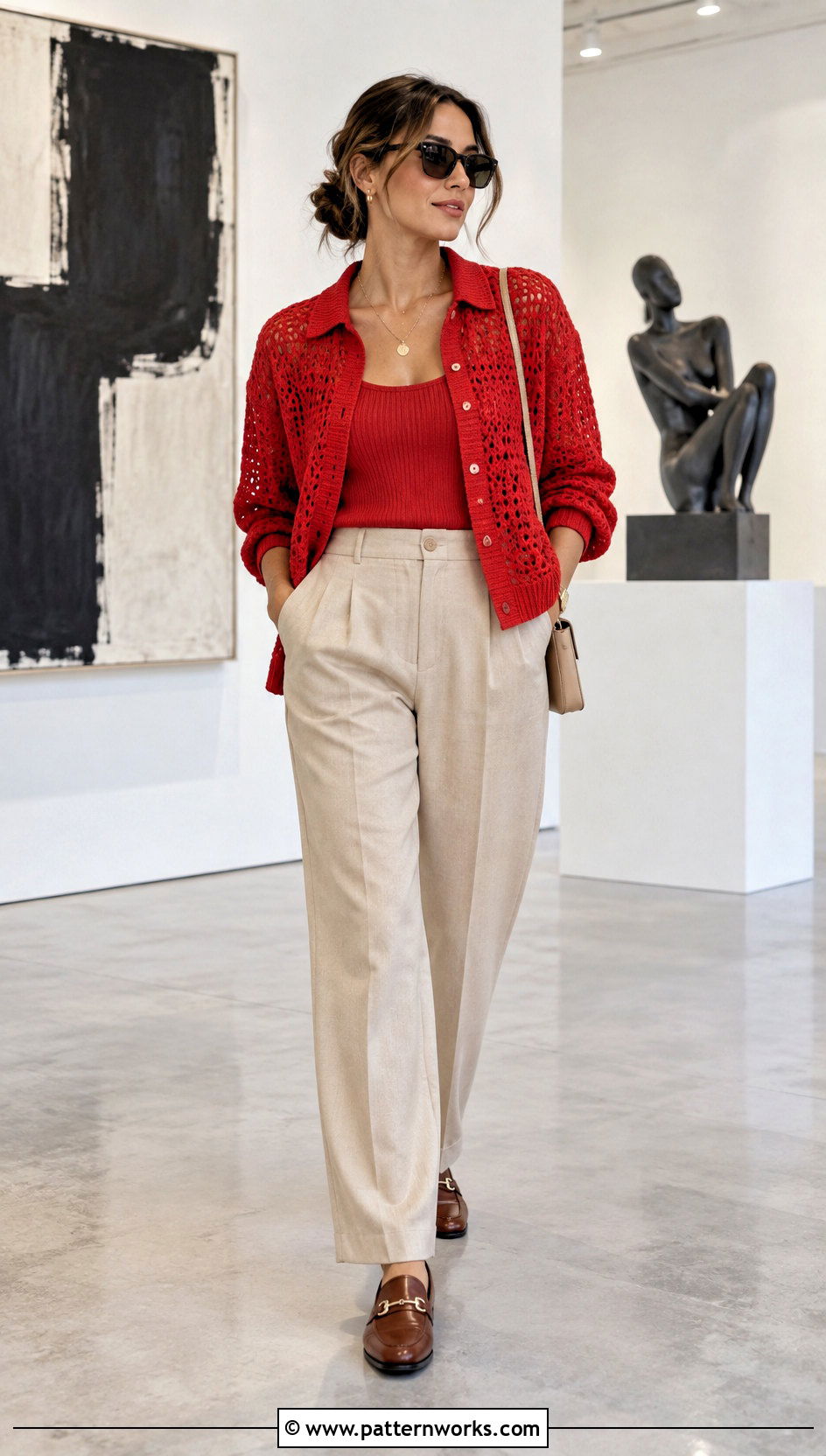 Red Crochet Shirt Outfit With Neutral Pants - 30 crochet unisex shirt outfit ideas