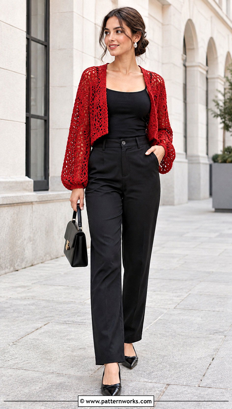 Red Crochet Shrug With Monochrome Black Outfit - 24 crochet shrug for women outfit ideas