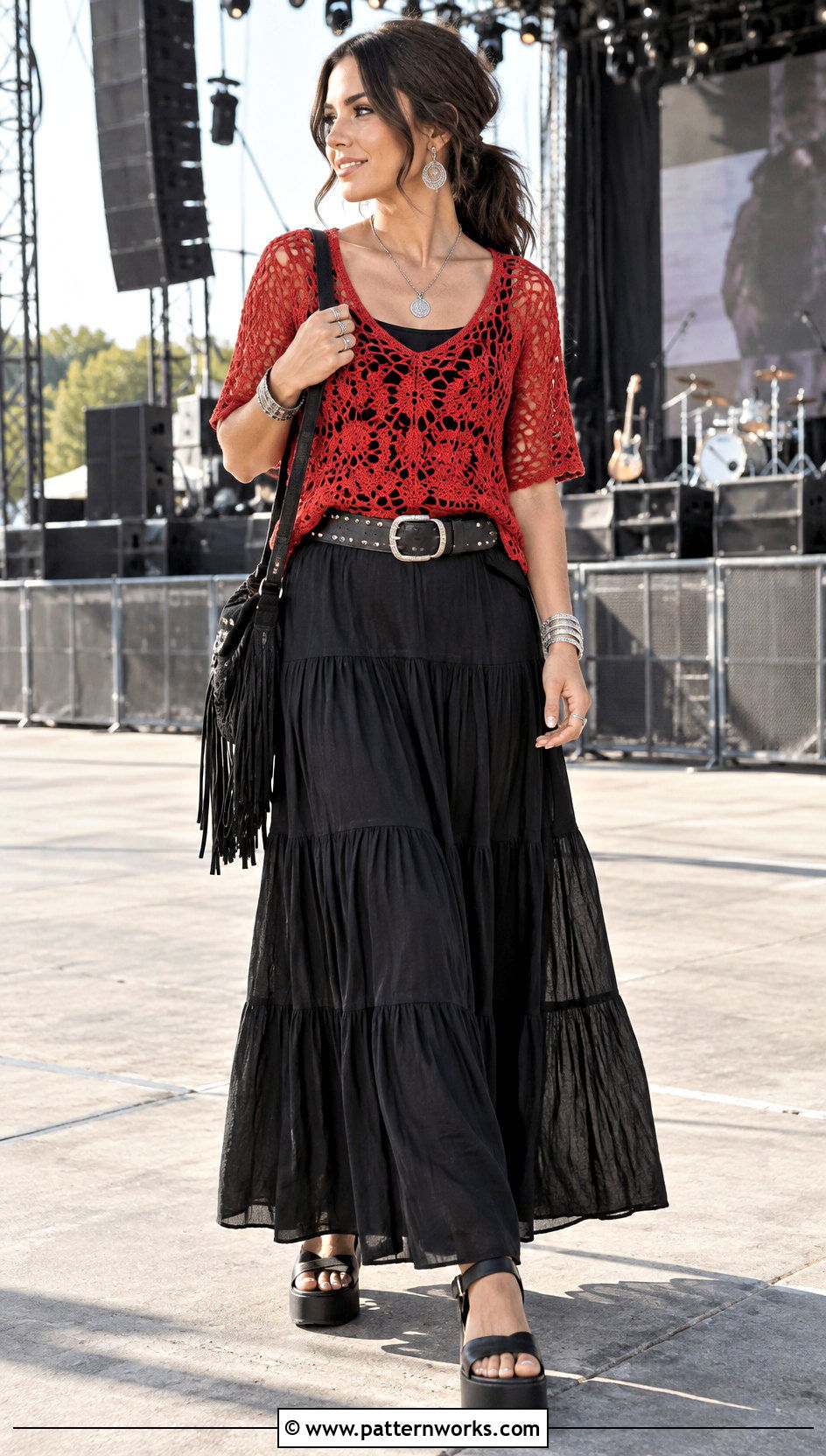 Red Crochet Top Outfit With Black Maxi Skirt - 30 hippie crochet top outfit ideas