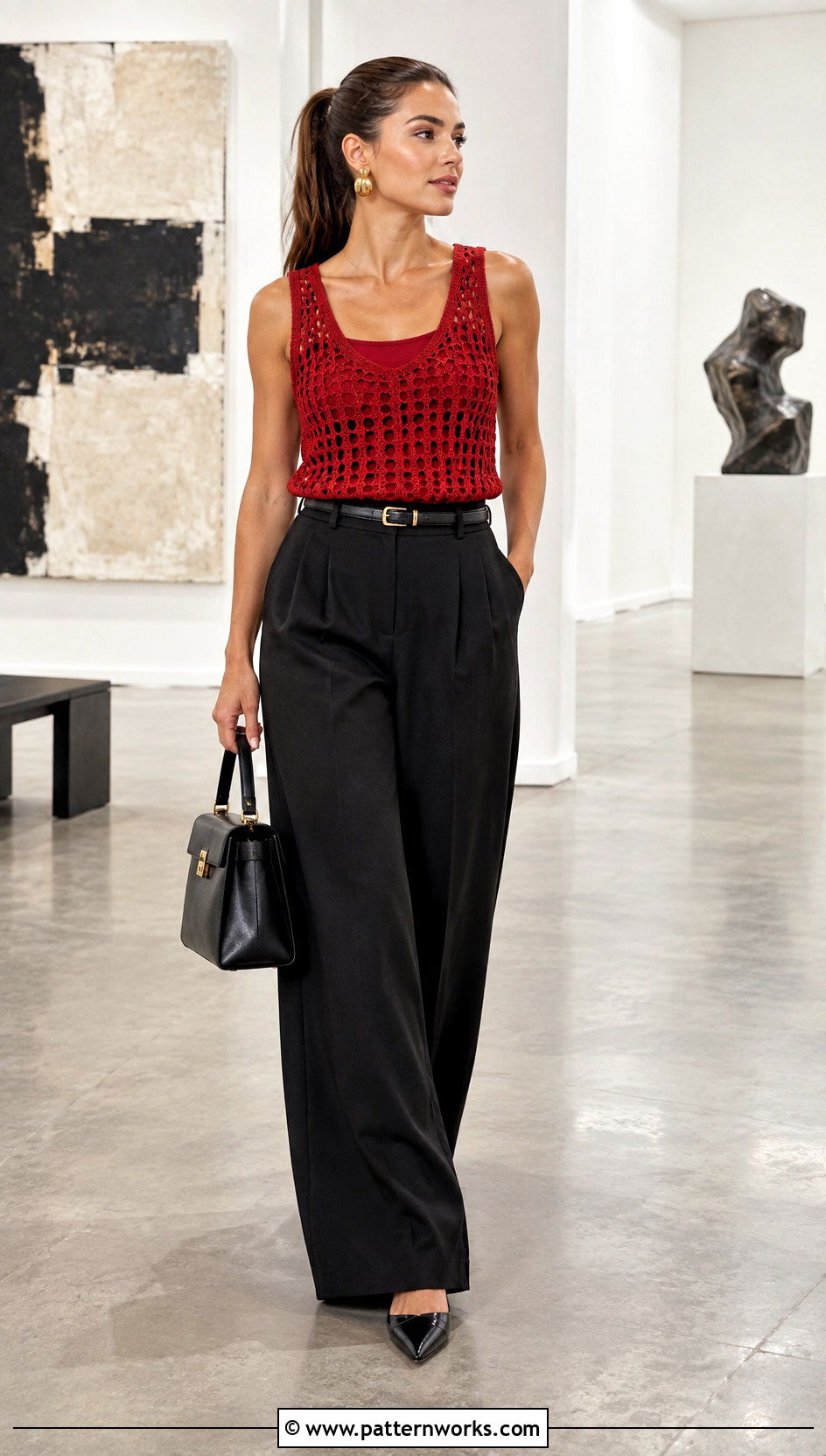 Red Crochet Top With Black Tailored Trousers - 30 Basic Crochet Top outfit ideas