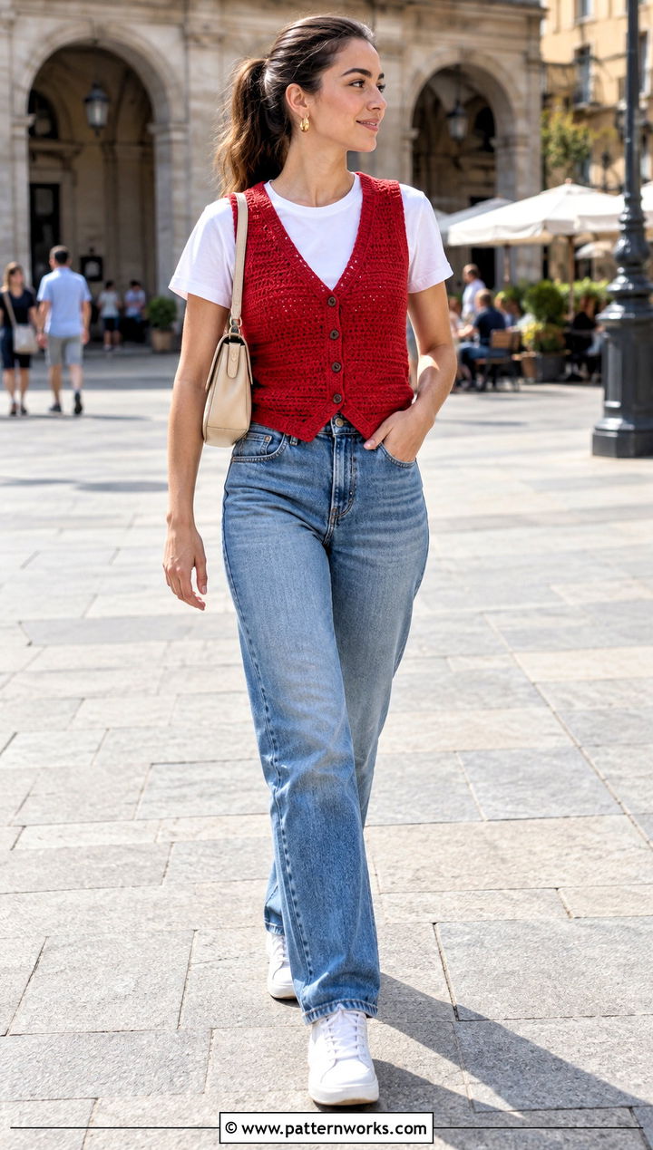 Red Crochet Vest Outfit With Straight Leg Jeans - 24 crochet vest outfit aesthetic outfit ideas