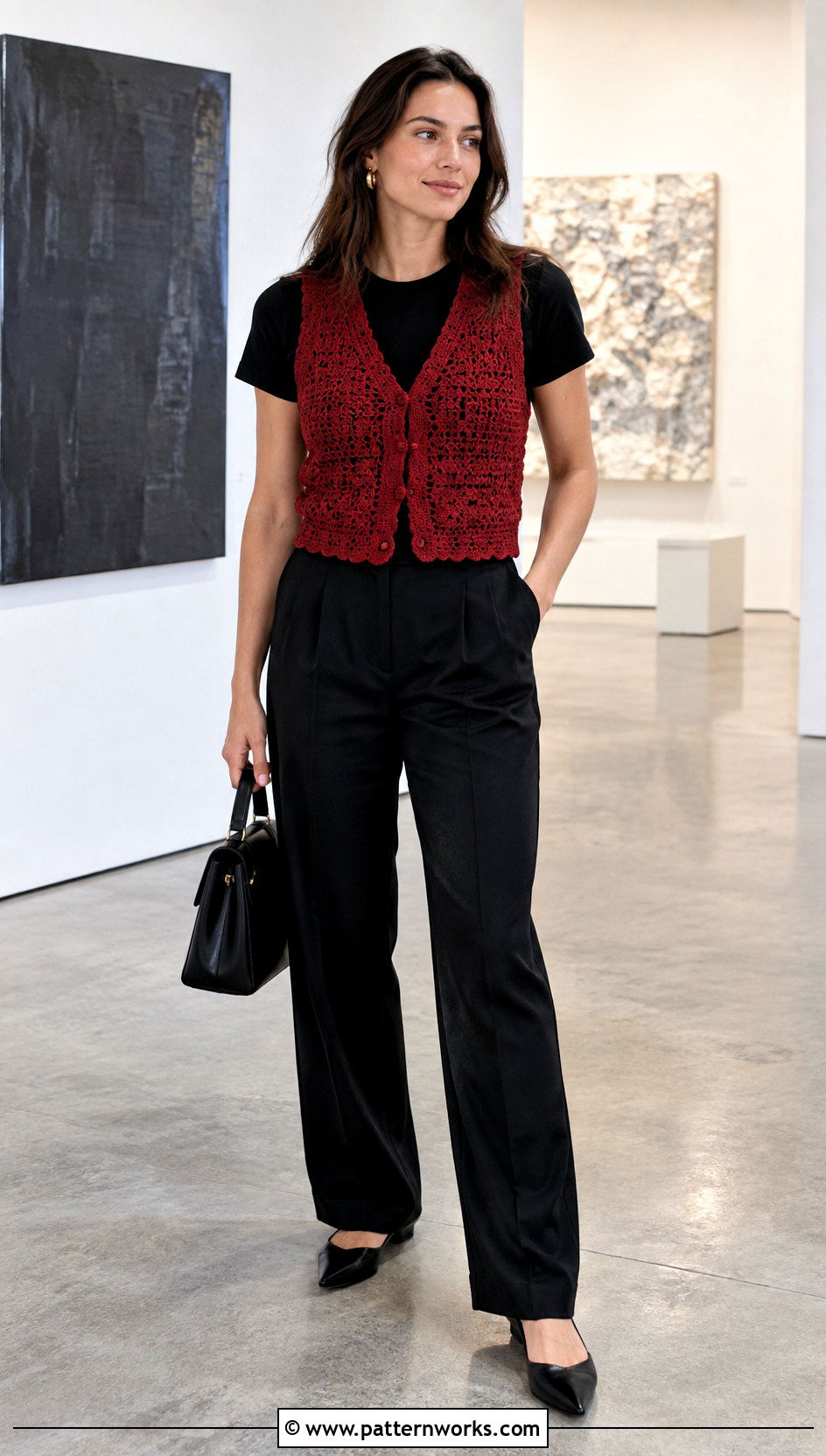 Red Crochet Vest With Black Trousers - 30 crochet vest for women outfit ideas