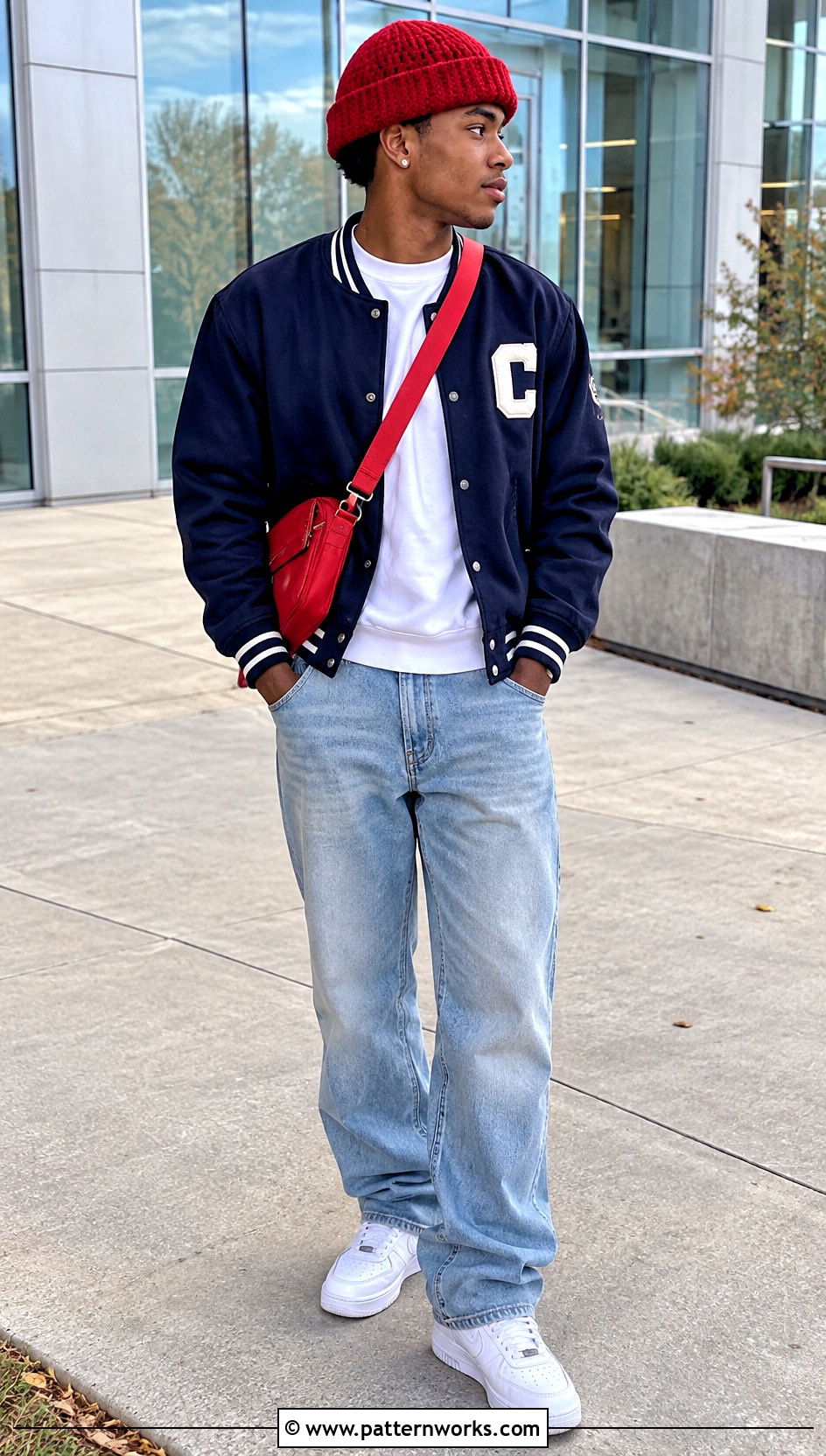 Red Short Row Crochet Hat With Varsity Jacket - 24 short row crochet hat outfit ideas