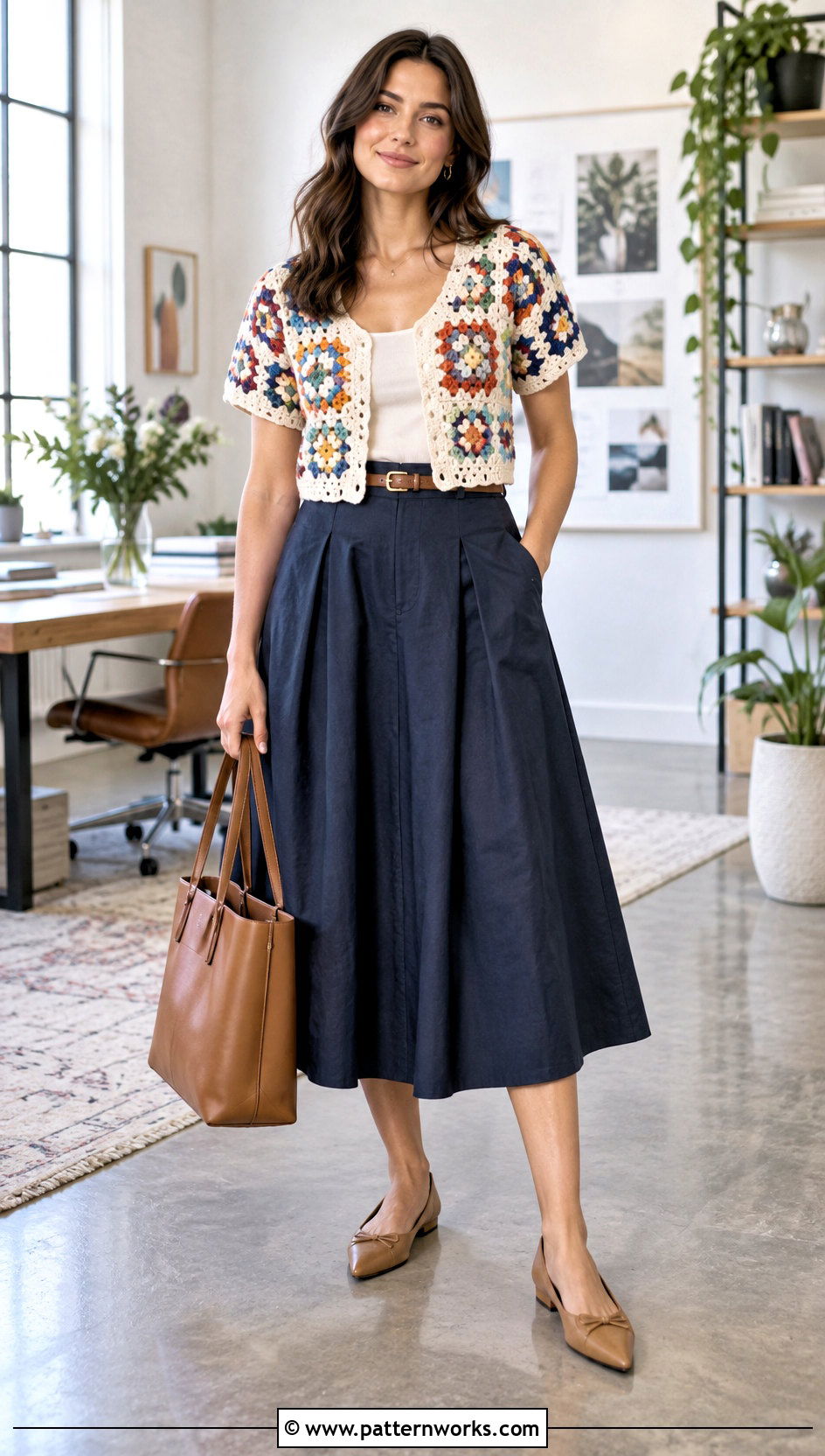 Relaxagon Shirt With A Line Midi Skirt - 30 crochet relaxagon shirt outfit ideas