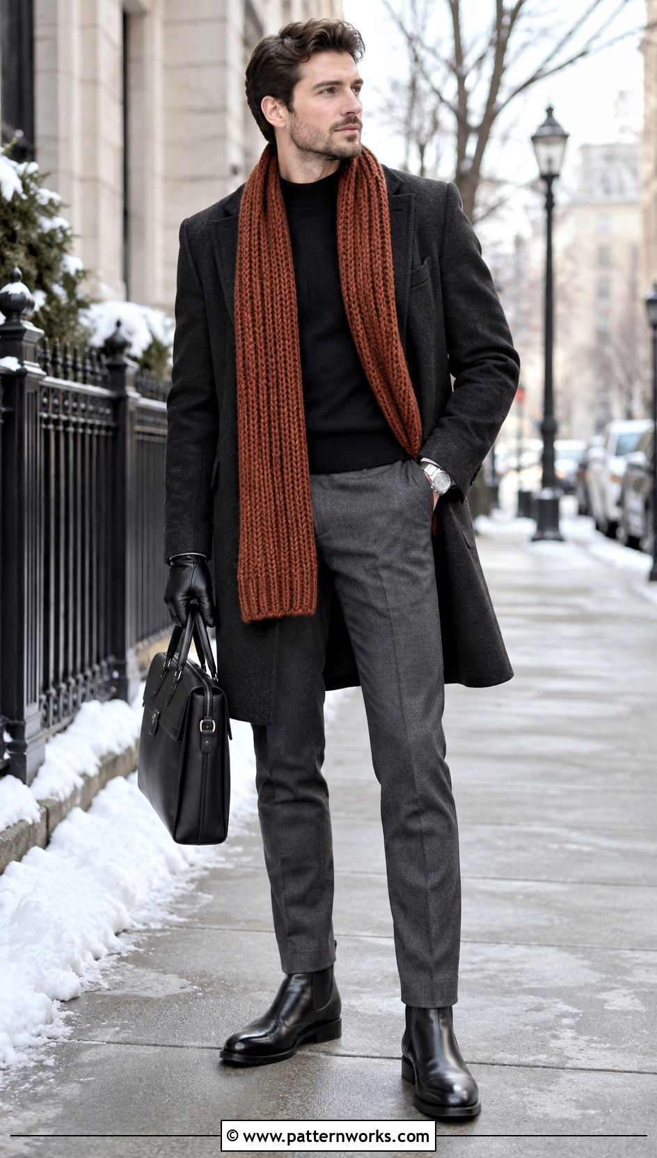 Ribbed Crochet Scarf With Wool Overcoat - 30 Mens Crochet Scarf outfit ideas