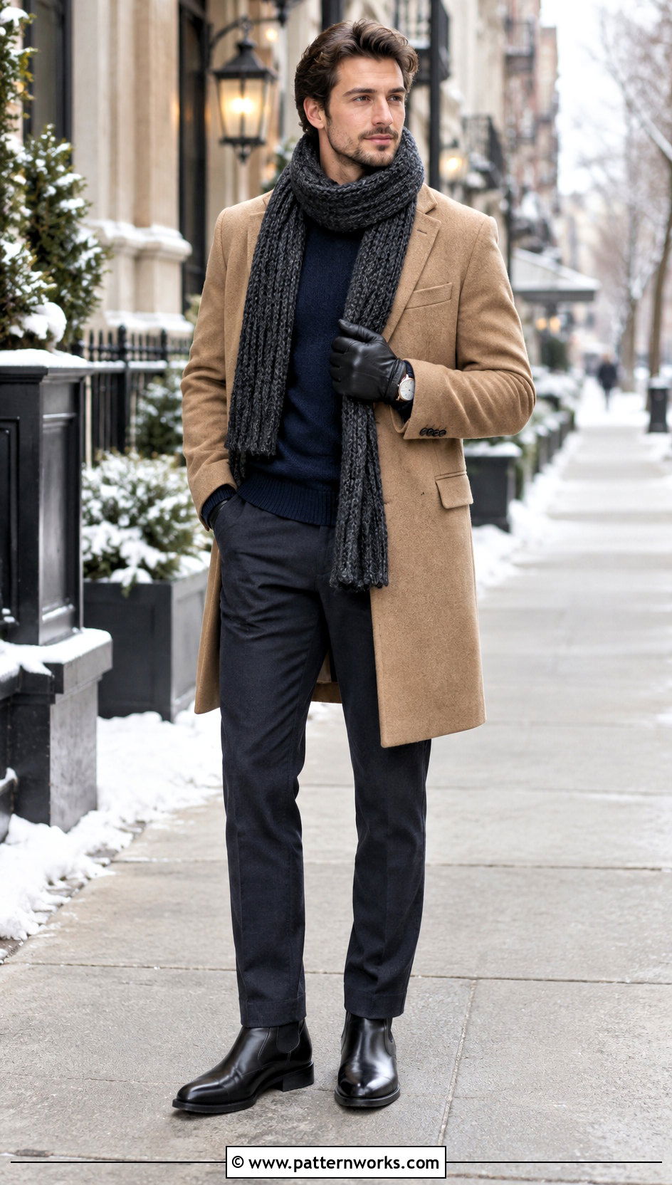 Ribbed Crochet Scarf With Wool Overcoat Outfit - 18 crochet stitch for mens scarf outfit ideas