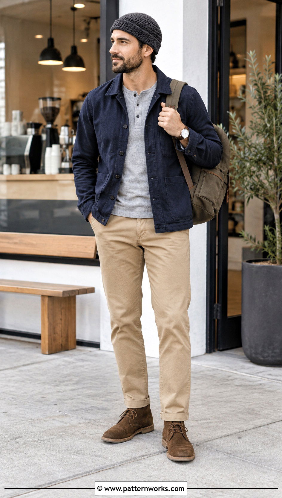 Ribbed Crochet Skull Cap With Chore Jacket And Chinos - 24 Mens Crochet Skull Cap outfit ideas