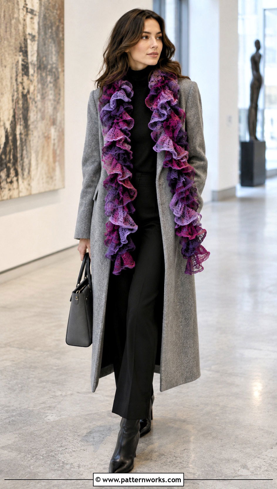 Ribbon Crochet Candy Scarf With Wool Coat - 18 crochet candy scarf outfit ideas