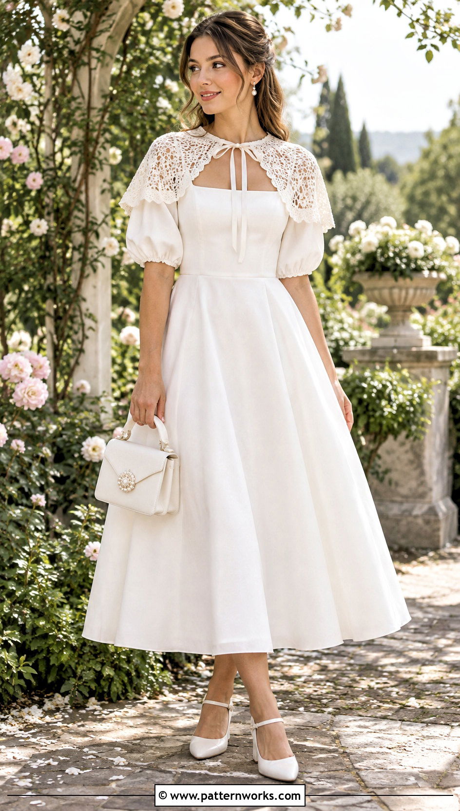 Ribbon Tie Crochet Wedding Cape With Puff Sleeve Midi Dress - 24 Crochet Wedding Cape outfit ideas