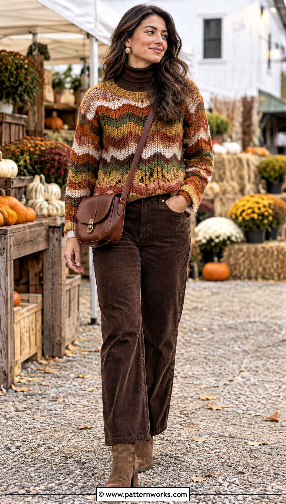 Ripple Stitch Crochet Sweater With Corduroy Pants - 30 crochet sweater design outfit ideas