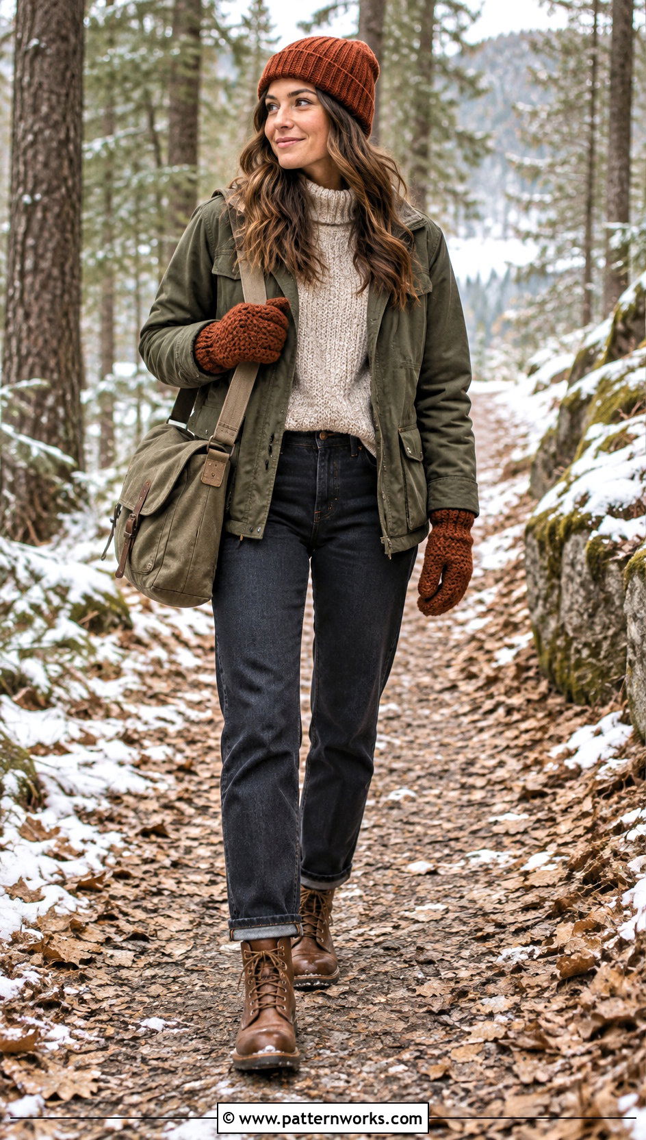 Rust Bulky Crochet Mittens With Utility Jacket - 24 Crochet Mittens Bulky Yarn outfit ideas