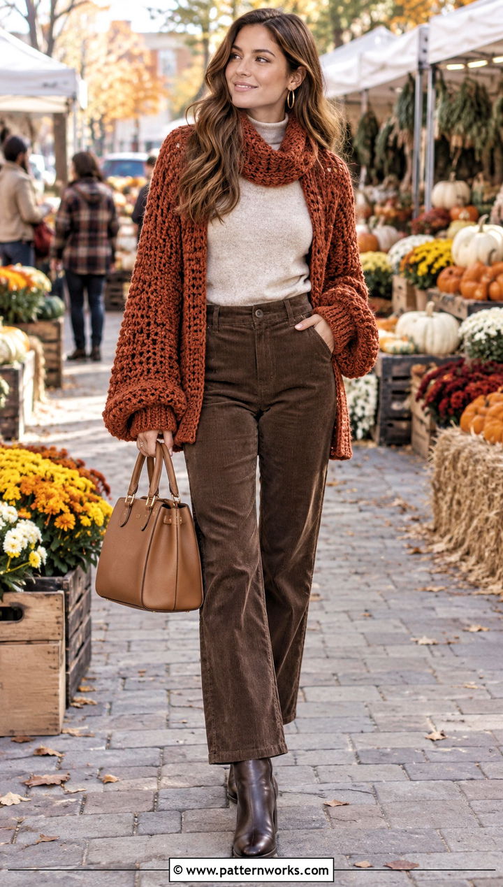 Rust Crochet Double Sleeve Scarf With Corduroy Pants - 24 crochet double sleeve scarf outfit ideas