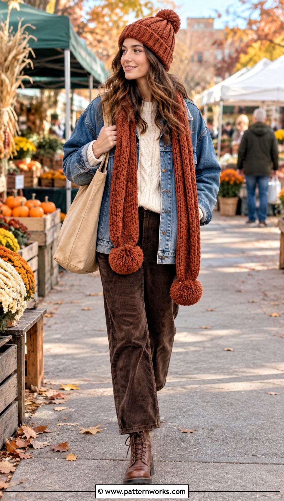 Rust Crochet Hat And Scarf Set Outfit With Denim Jacket - 18 Easy Crochet Hat And Scarf Set outfit ideas
